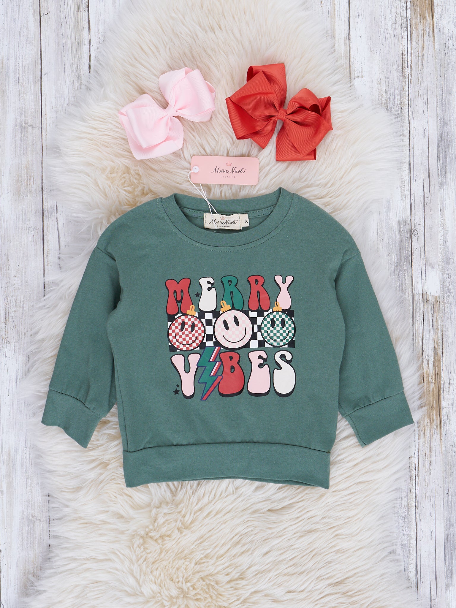 Mom & Me Heather Olive "Merry Vibes" Crew Neck Shirt - Marie Nicole Clothing