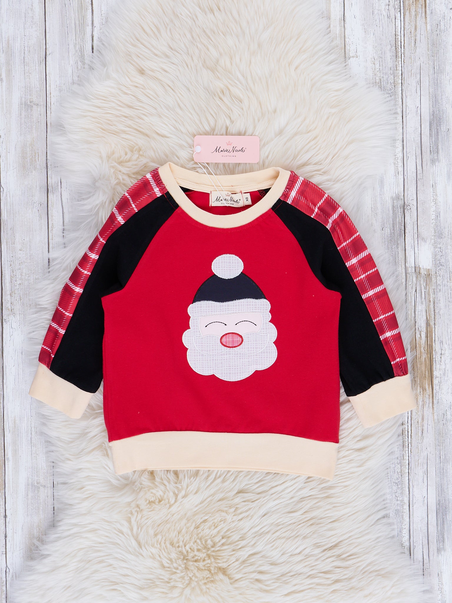 Red Mixed Print Embroidered Santa Shirt - Marie Nicole Clothing