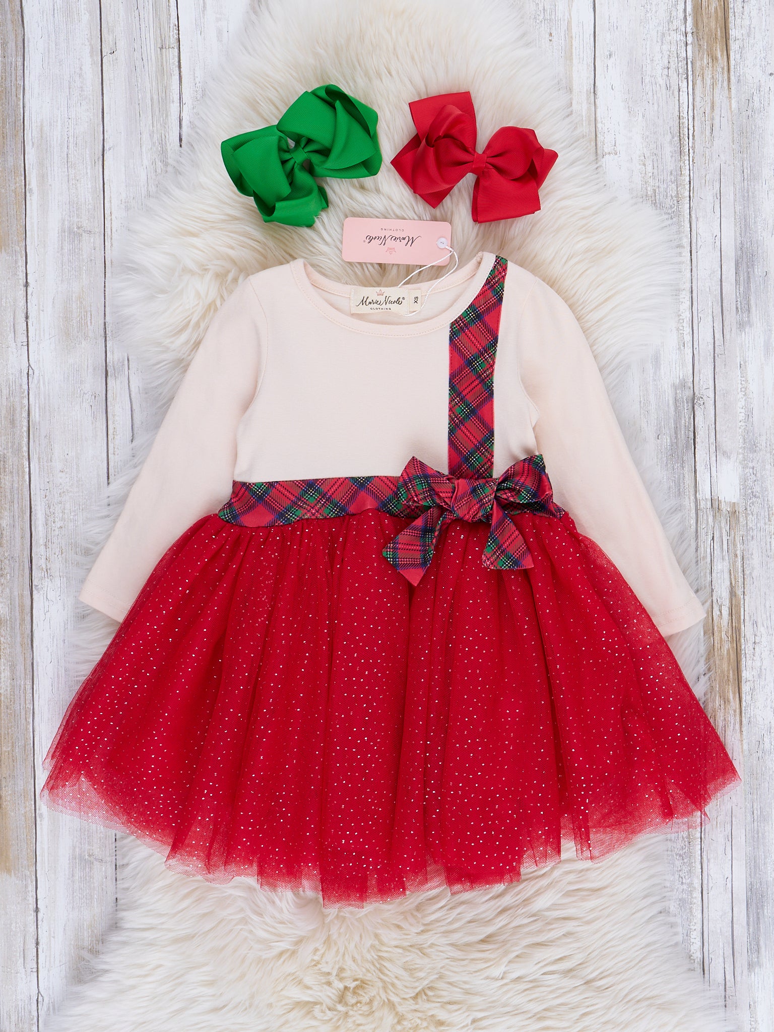 Red & White Tartan Tulle Dress - Marie Nicole Clothing