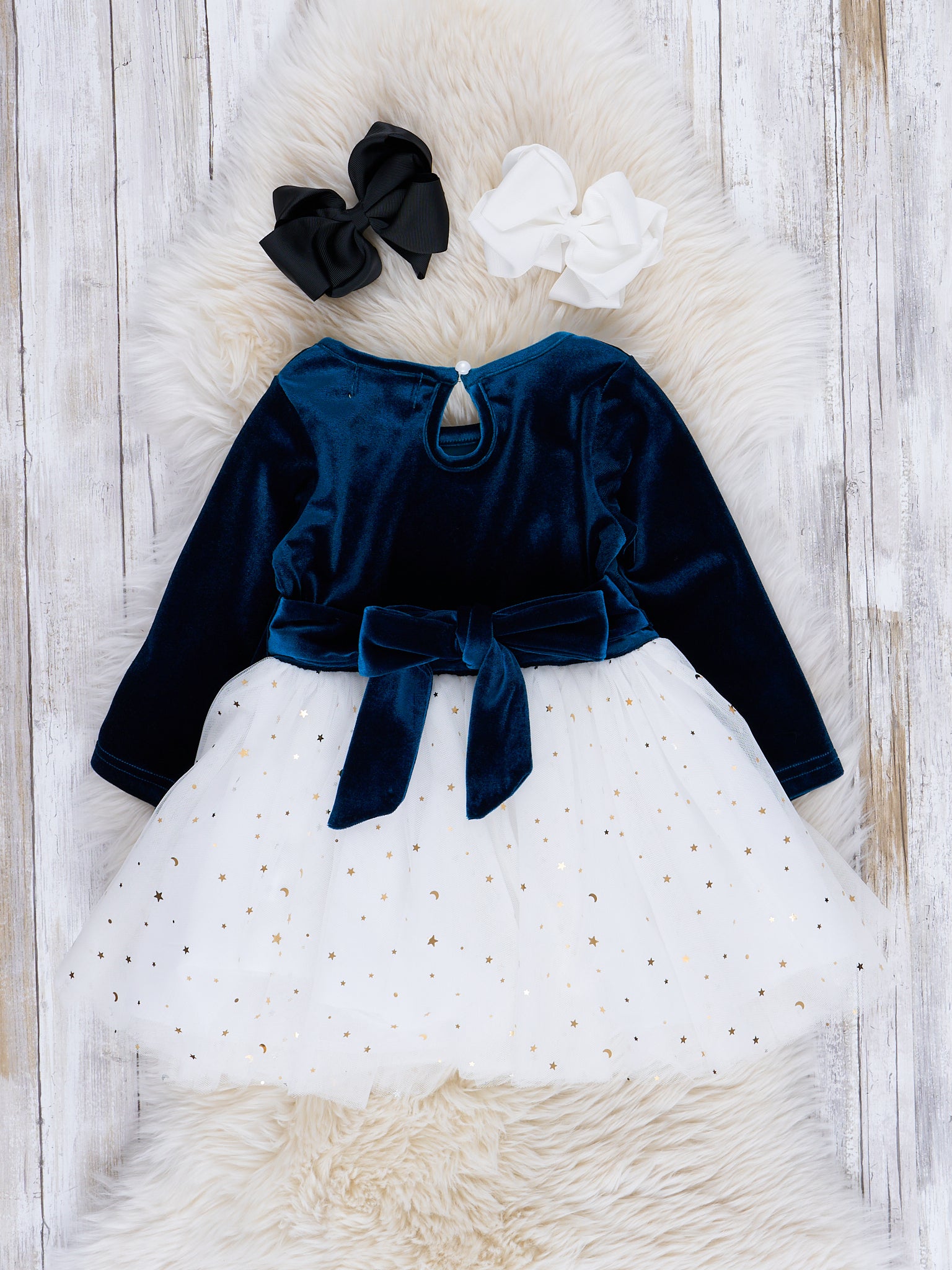 Blue & White Velvet Tulle Party Dress - Marie Nicole Clothing