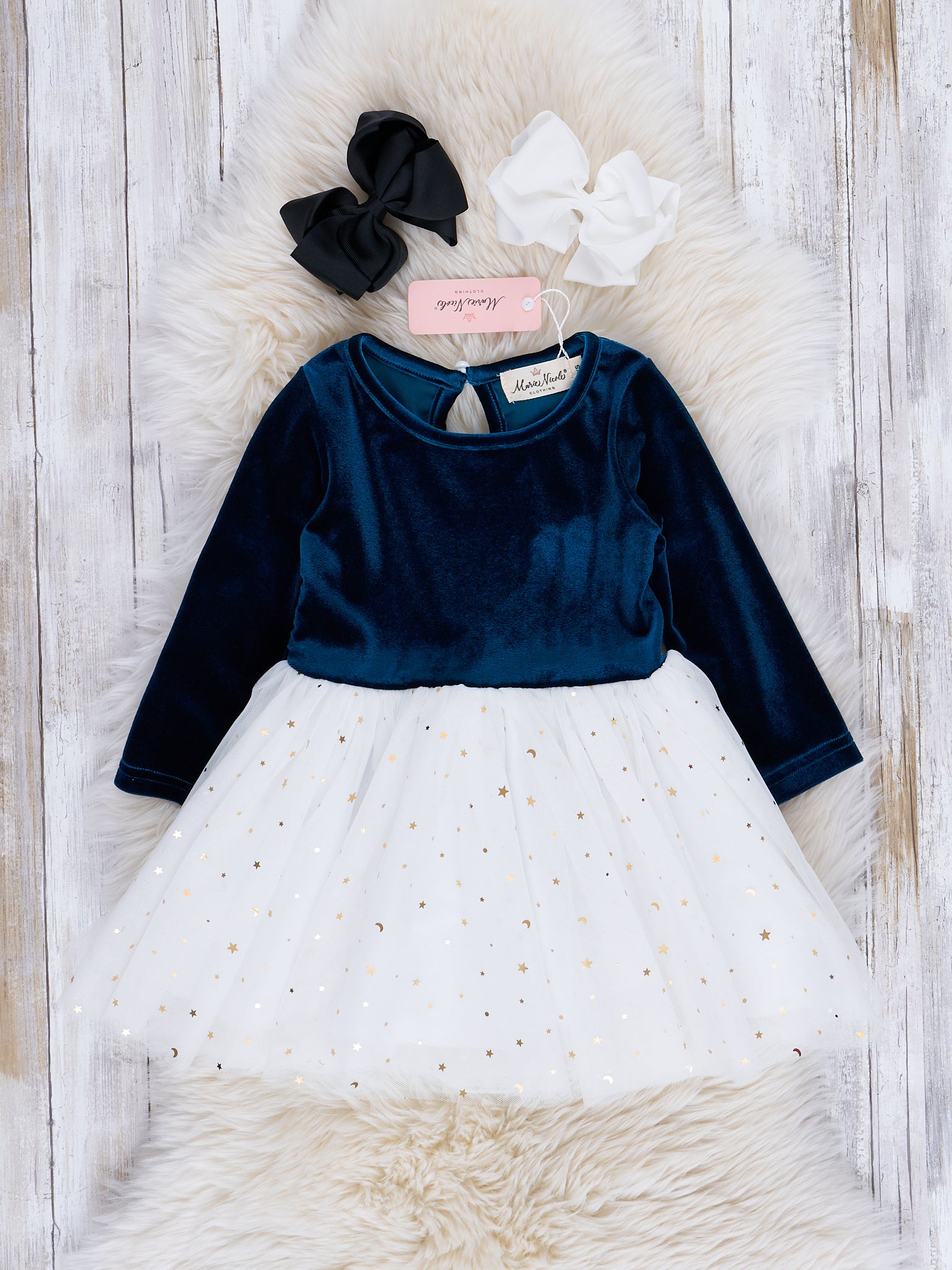 Blue & White Velvet Tulle Party Dress - Marie Nicole Clothing