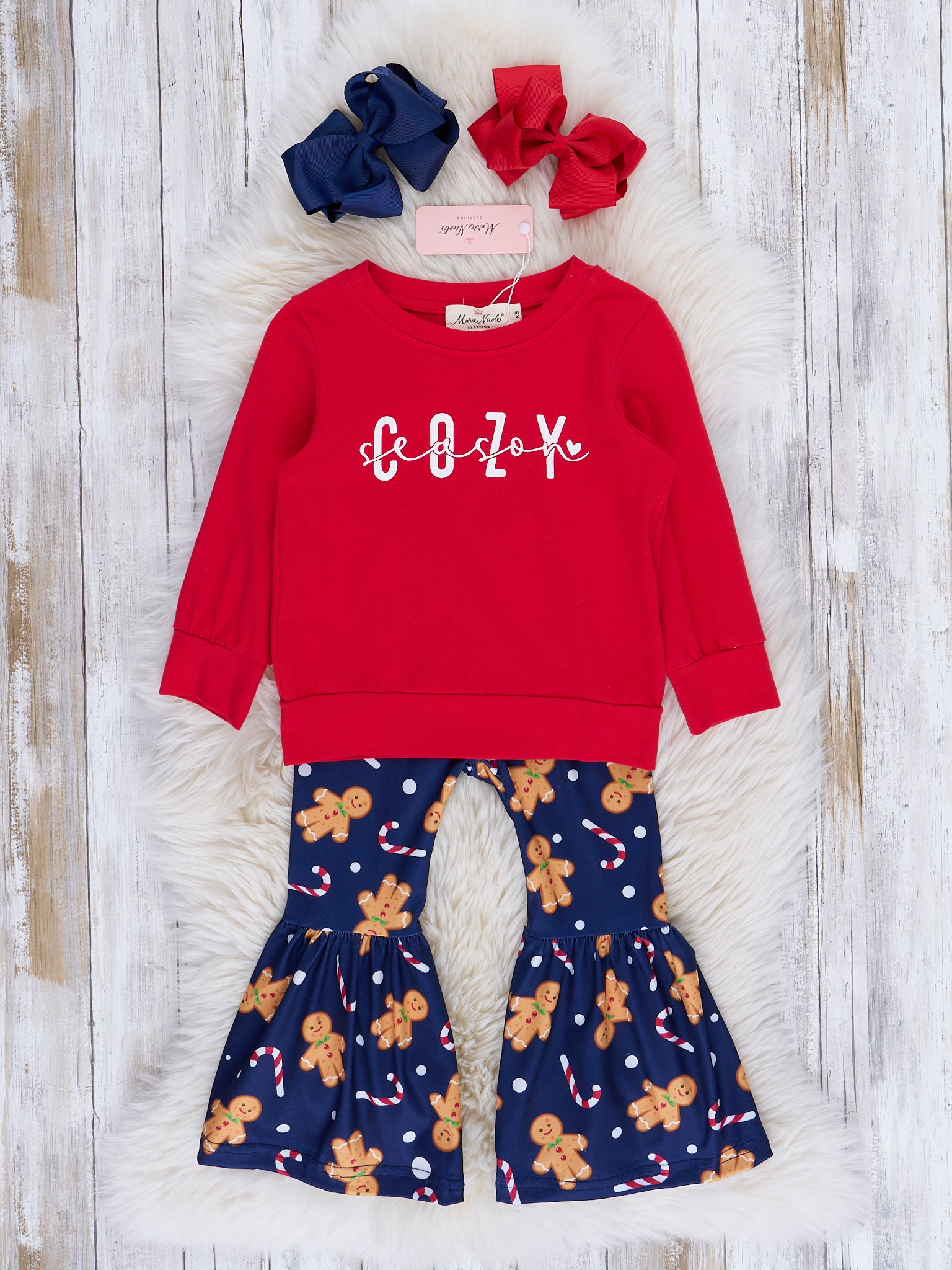 Red & Blue "Cozy Season" Gingerbread Bell Bottom Outfit - Marie Nicole Clothing