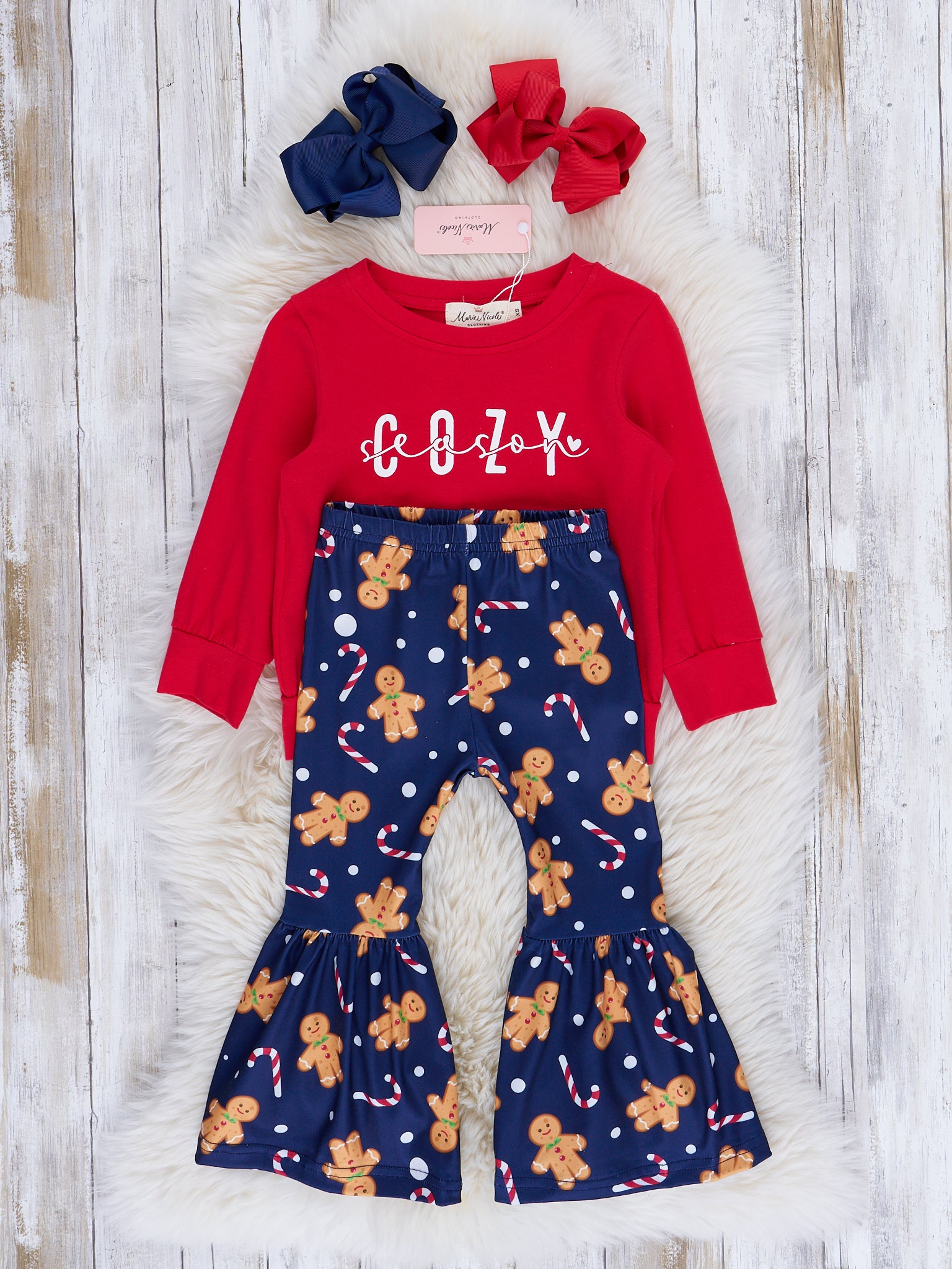Red & Blue "Cozy Season" Gingerbread Bell Bottom Outfit - Marie Nicole Clothing
