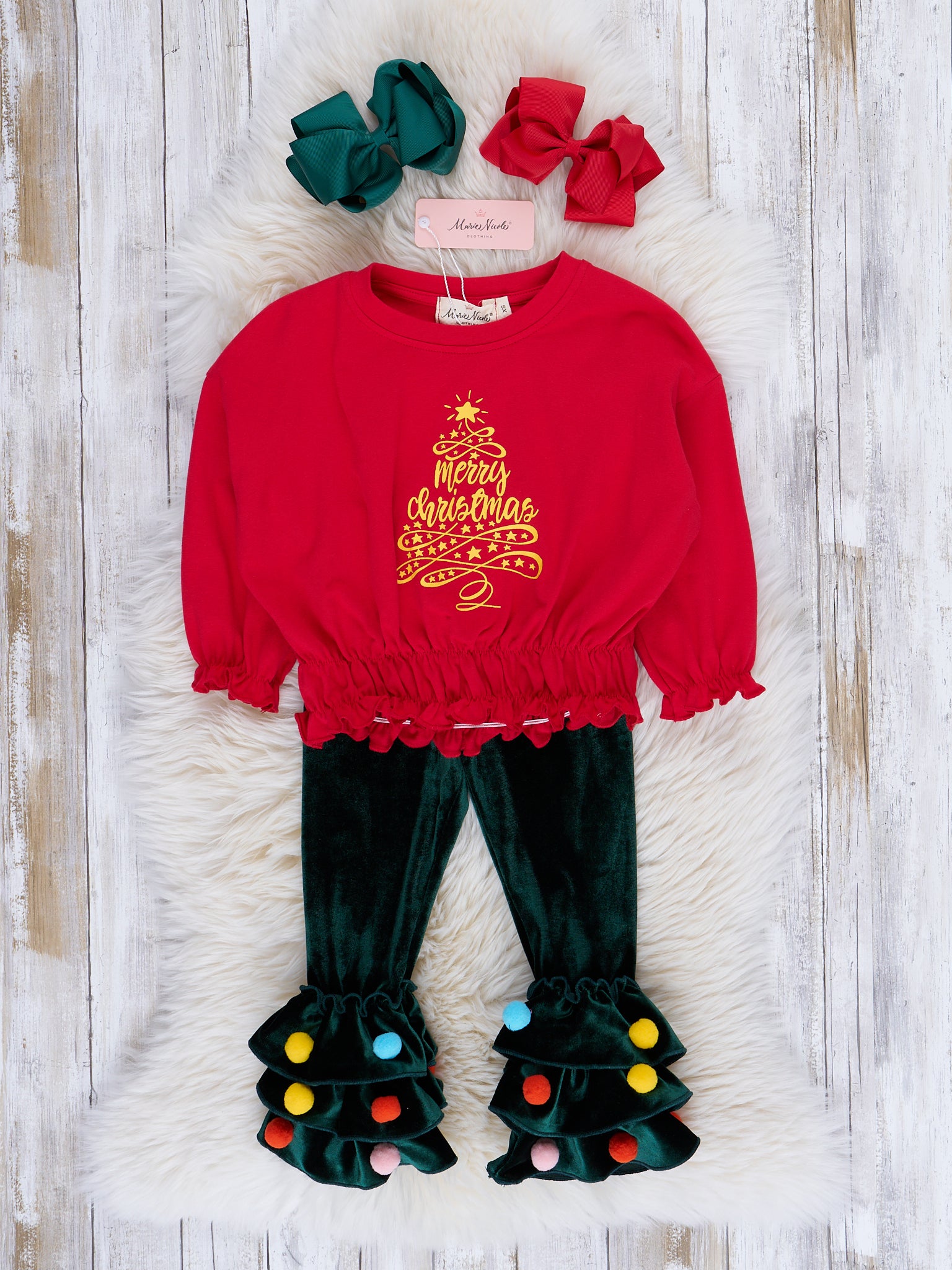 Red & Emerald Pom Pom Cupcake Ruffle Outfit - Marie Nicole Clothing