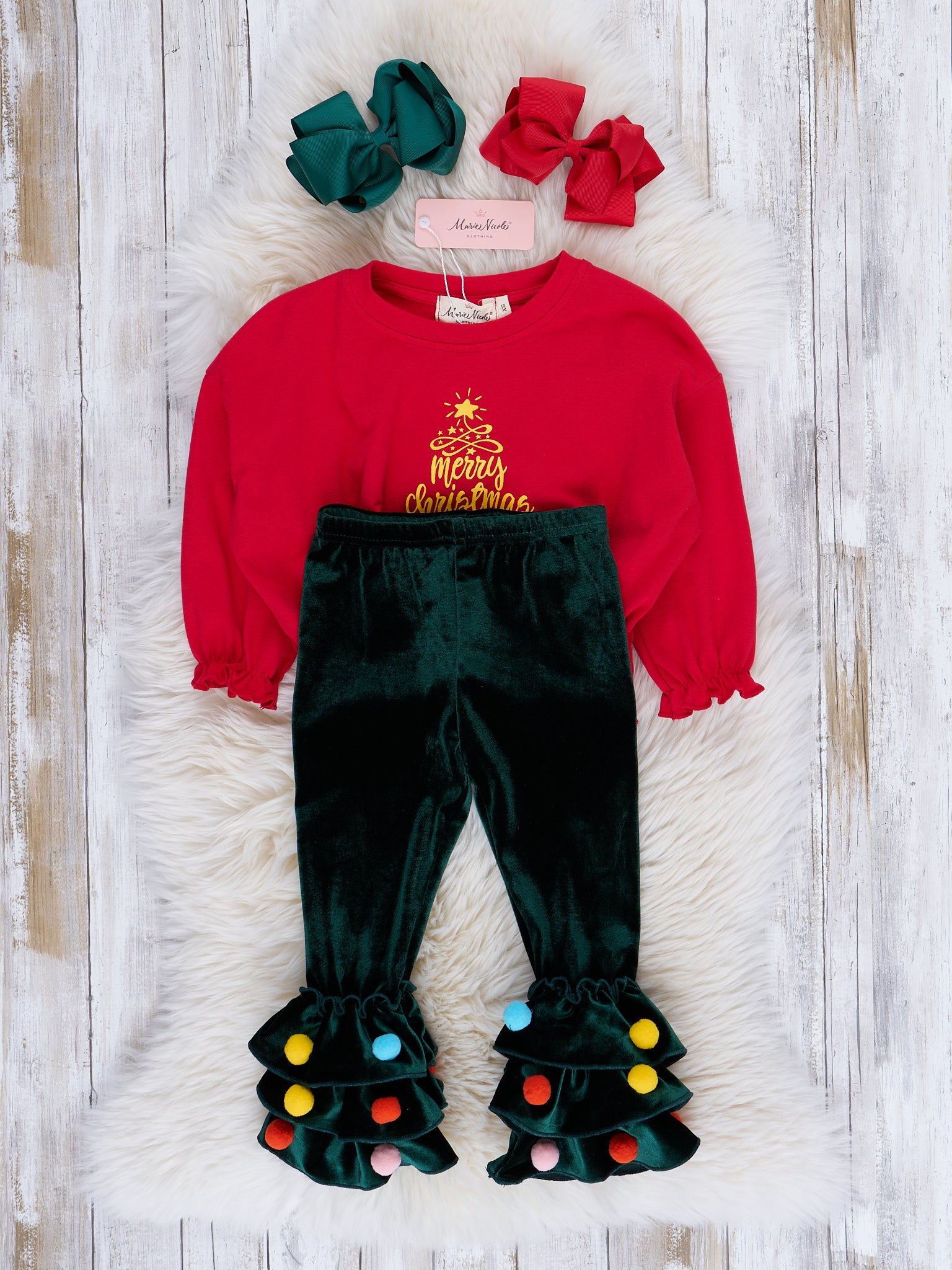 Red & Emerald Pom Pom Cupcake Ruffle Outfit - Marie Nicole Clothing