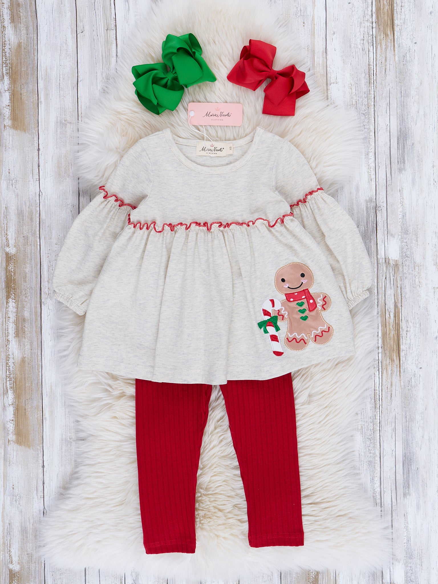 Embroidered Holiday Bubble Sleeve Outfit - Marie Nicole Clothing
