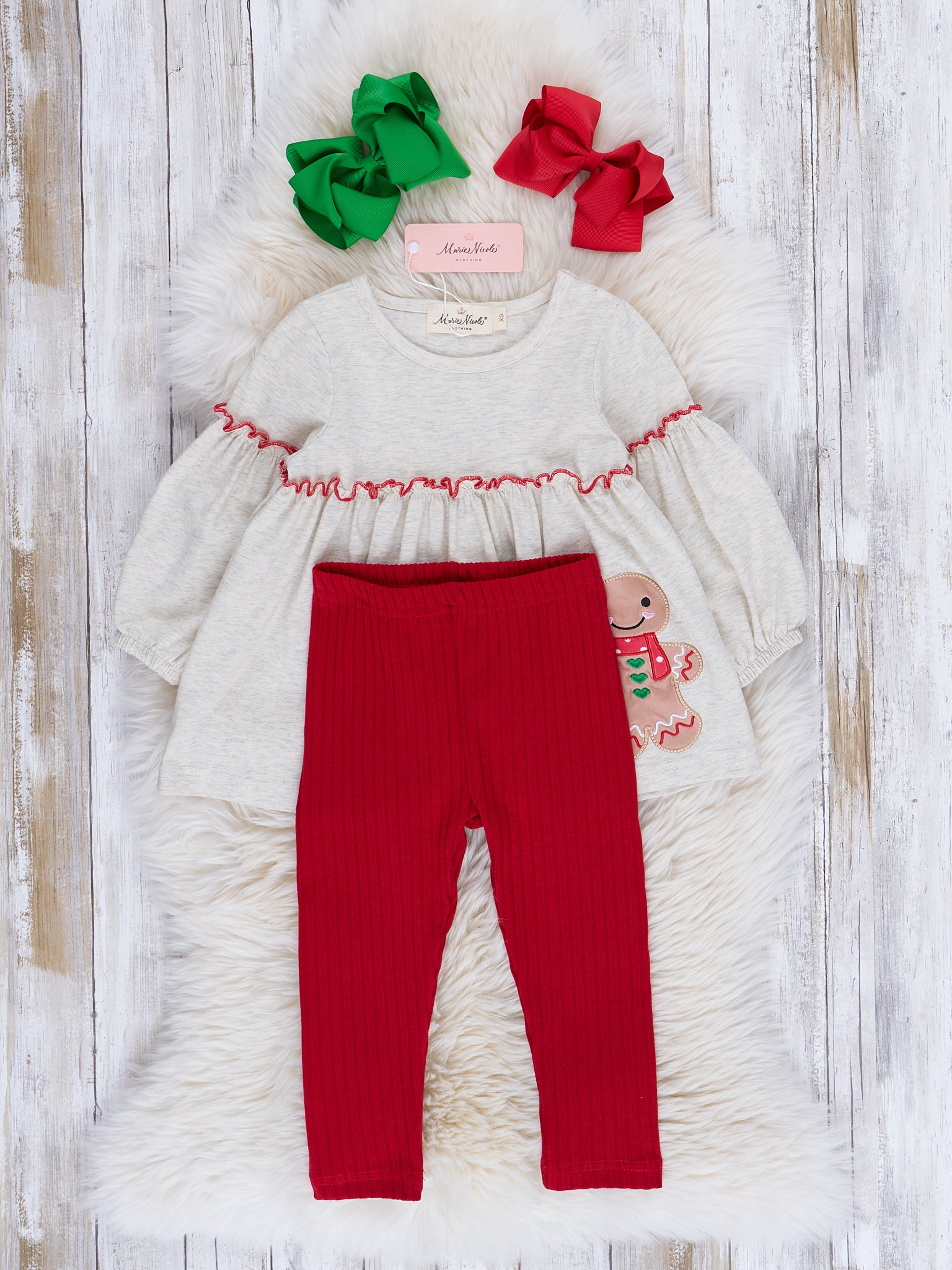 Embroidered Holiday Bubble Sleeve Outfit - Marie Nicole Clothing