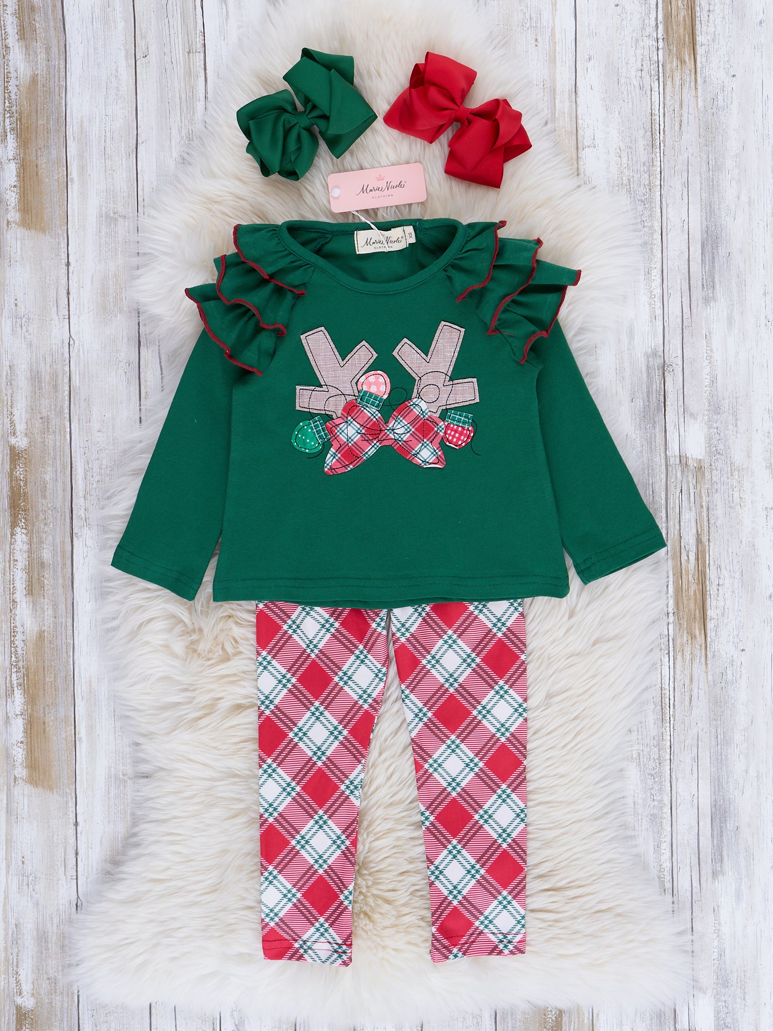 Green & Red Tartan Embroidered Ruffle Outfit - Marie Nicole Clothing