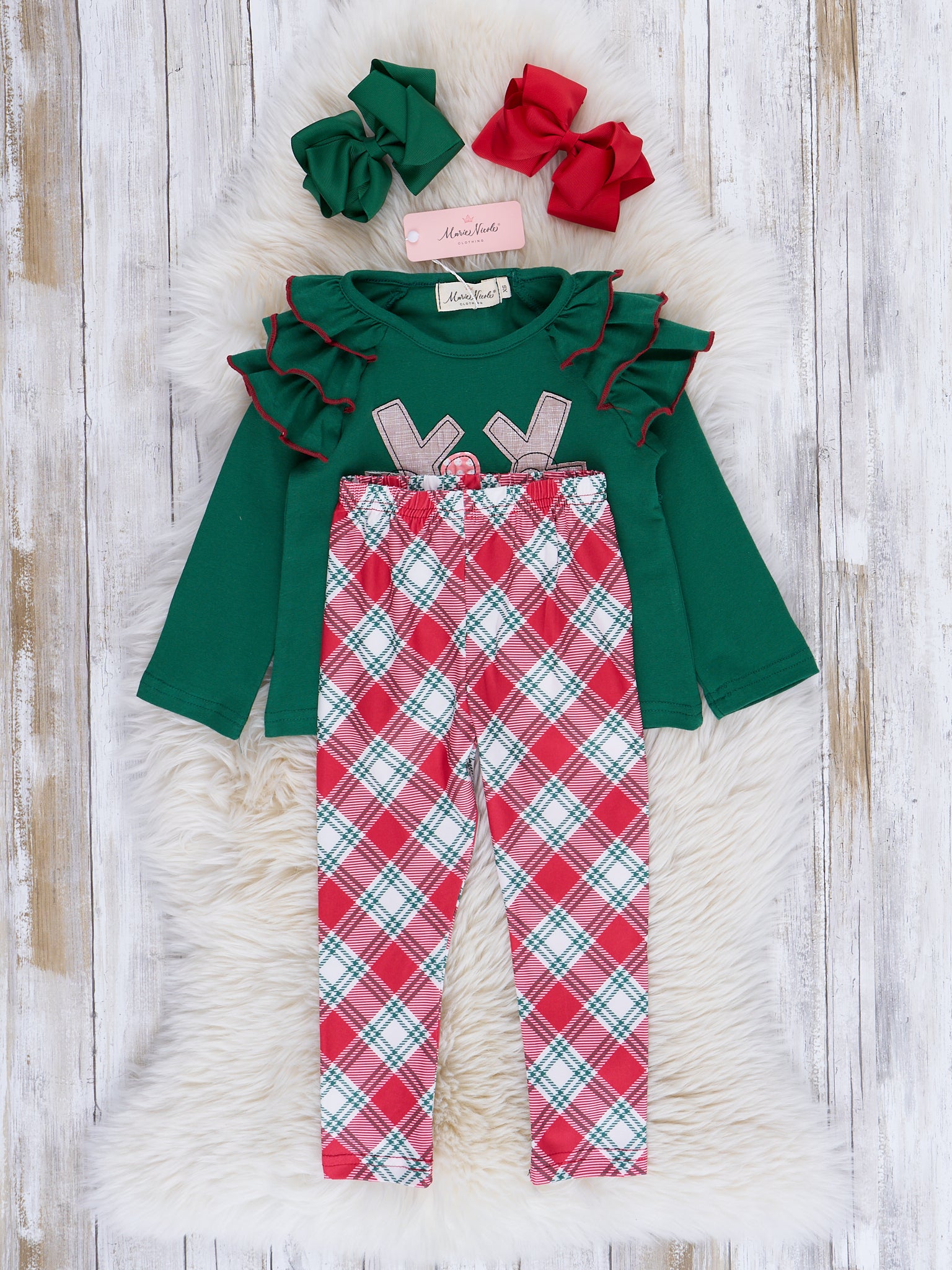 Green & Red Tartan Embroidered Ruffle Outfit - Marie Nicole Clothing