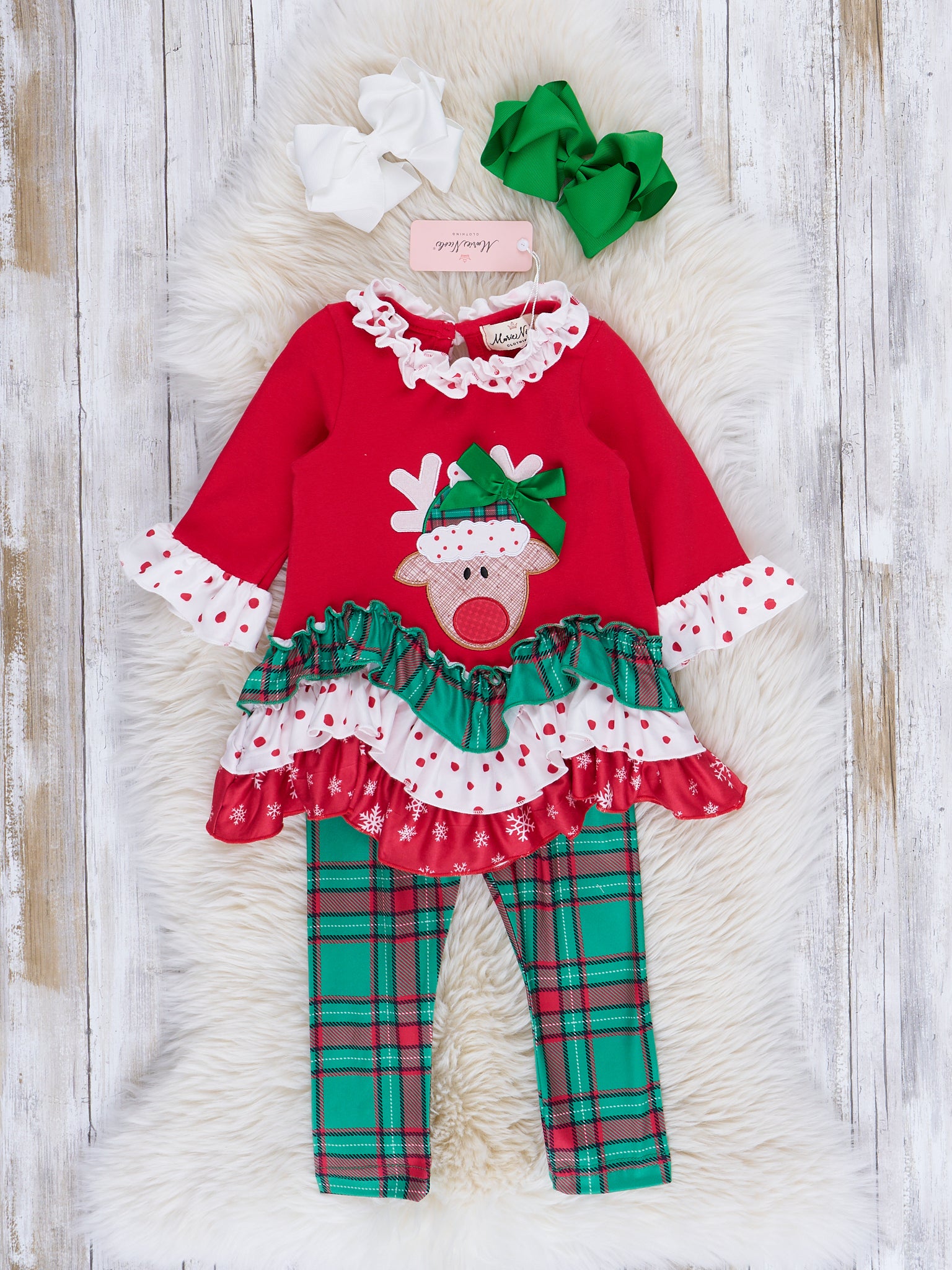 Red & Green Embroidered Reindeer Ruffle Outfit - Marie Nicole Clothing