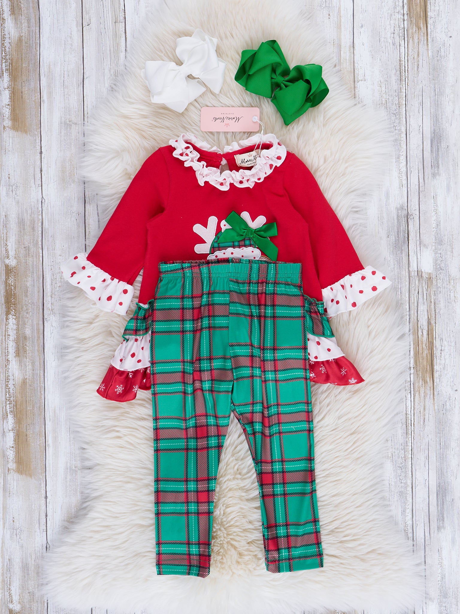 Red & Green Embroidered Reindeer Ruffle Outfit - Marie Nicole Clothing