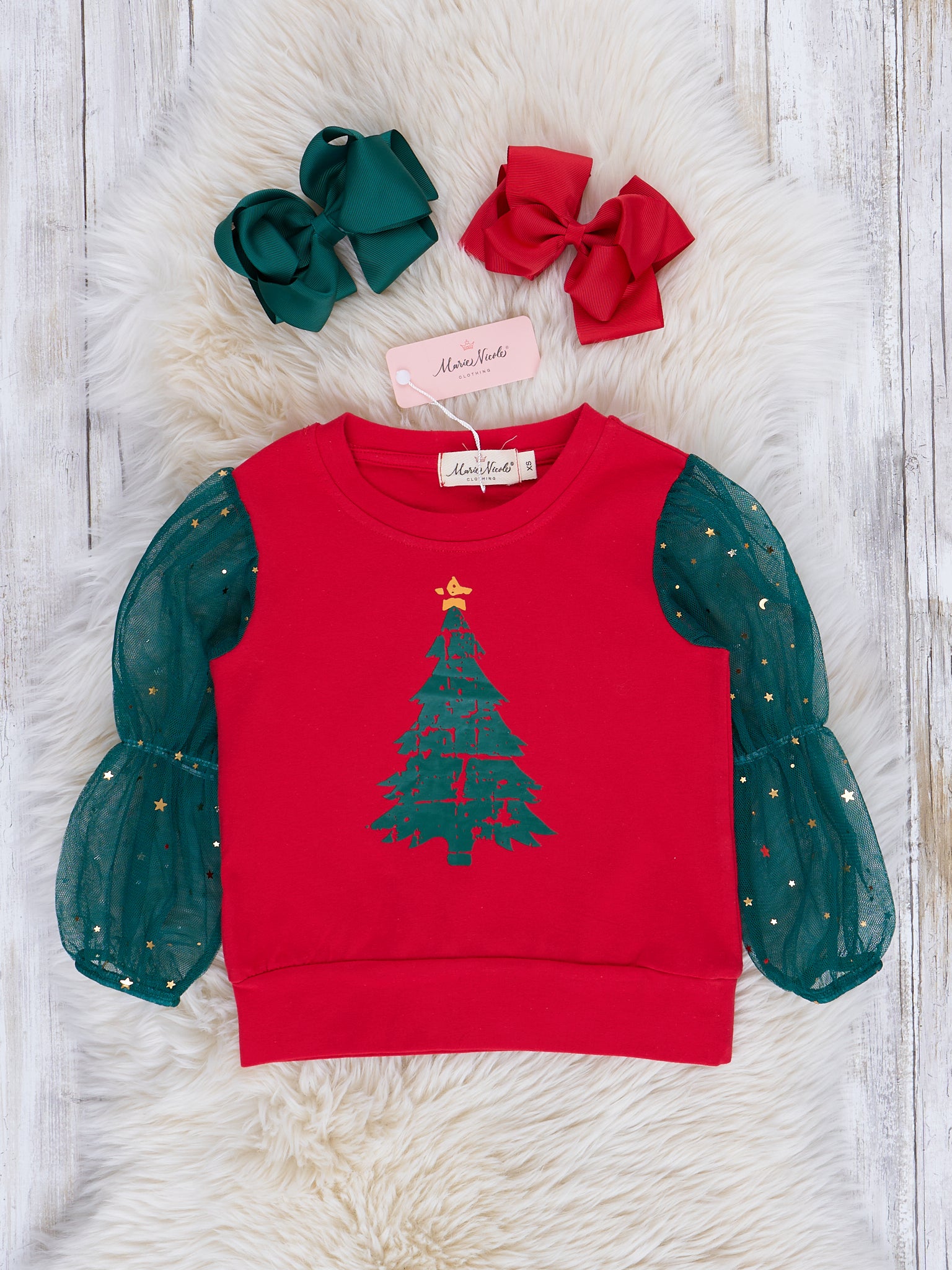 Red & Green Sparkle Tulle Sleeve Top - Marie Nicole Clothing