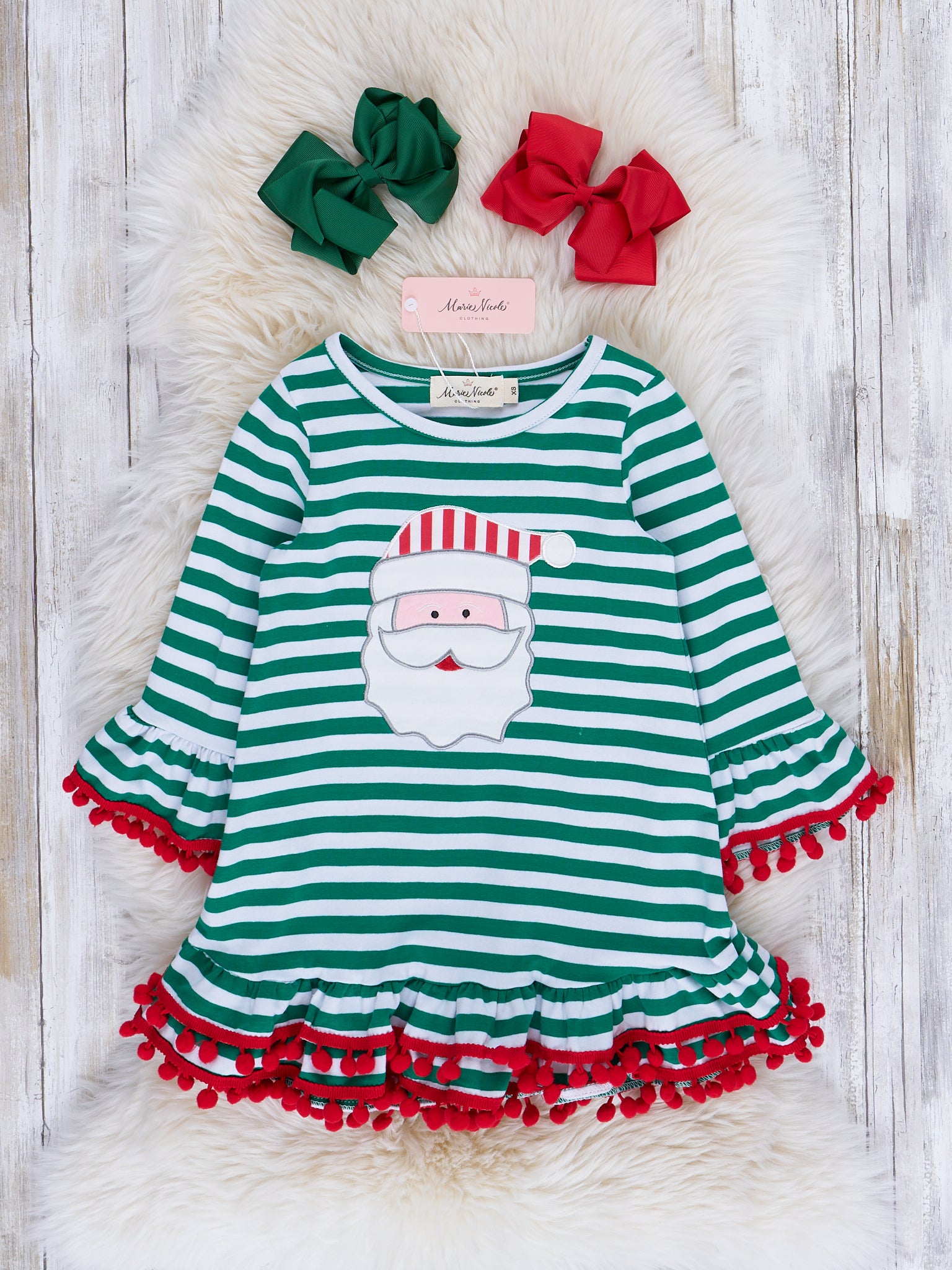 Green Stripe Embroidered Ruffle Dress - Marie Nicole Clothing