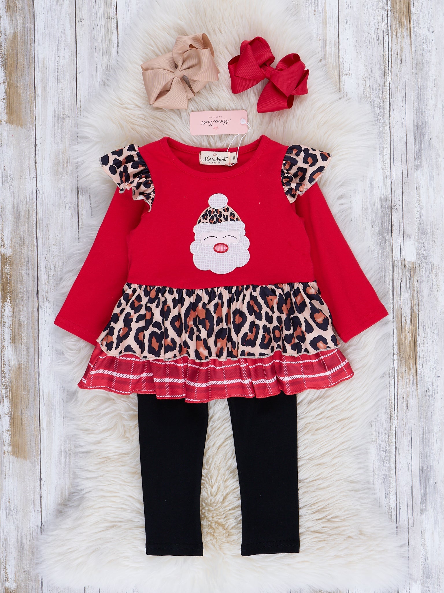 Red Mixed Print Embroidered Santa Outfit - Marie Nicole Clothing