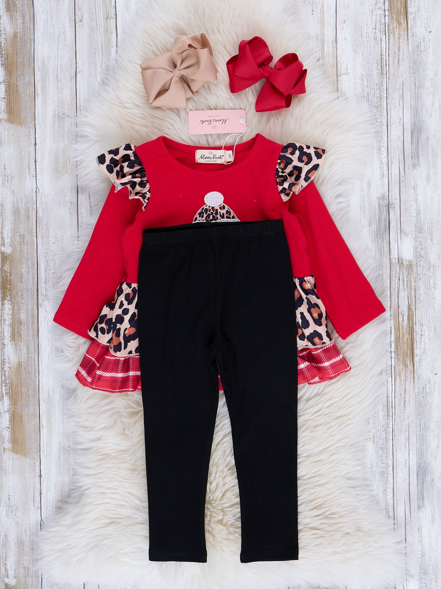 Red Mixed Print Embroidered Santa Outfit - Marie Nicole Clothing