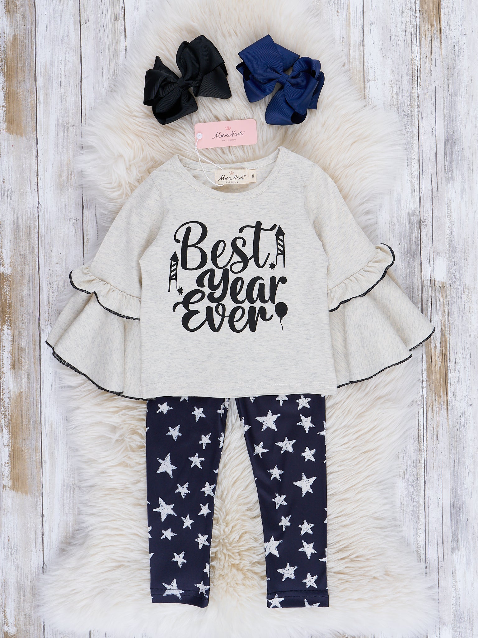 Black & White "Best Year Ever" Bell Sleeve Outfit - Marie Nicole Clothing