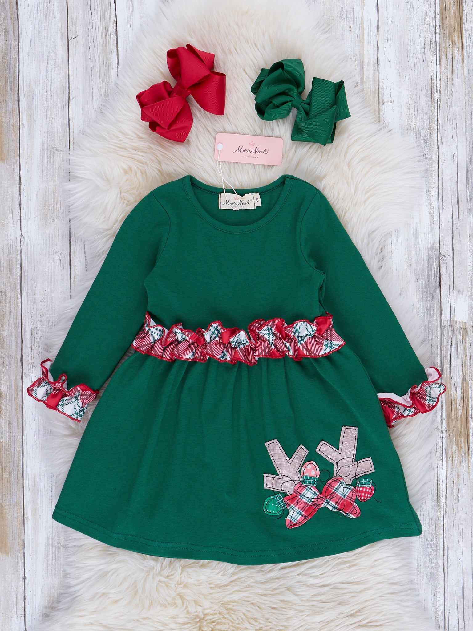 Green & Red Tartan Embroidered Ruffle Dress - Marie Nicole Clothing
