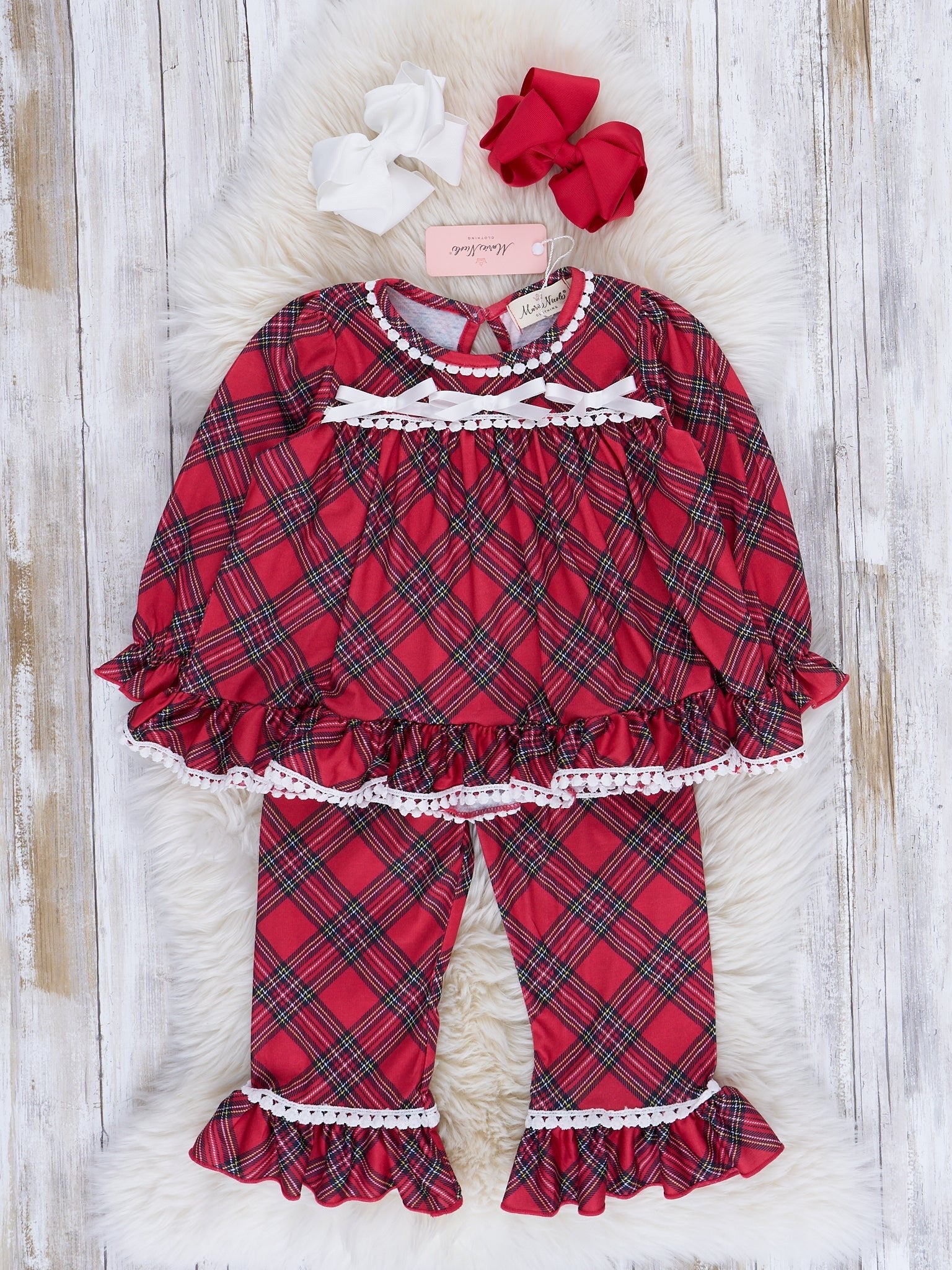 Red & Black Tartan Ruffle Pajamas - Marie Nicole Clothing
