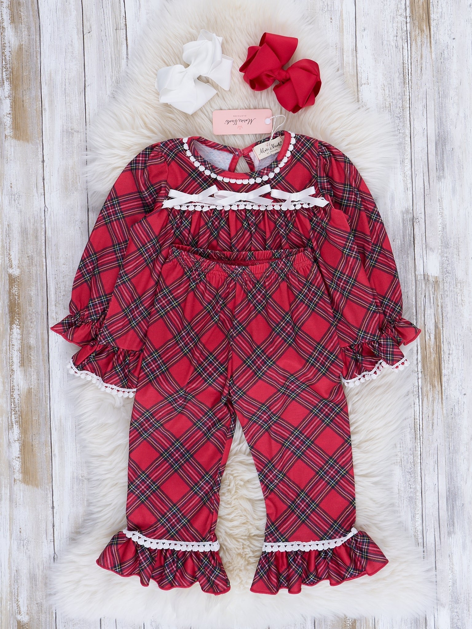 Red & Black Tartan Ruffle Pajamas - Marie Nicole Clothing