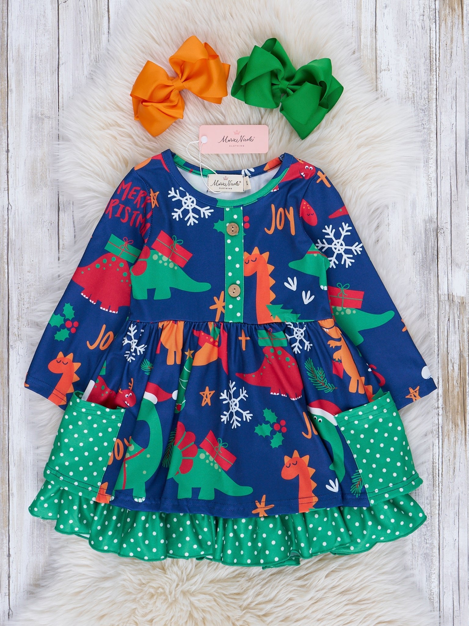 Green Holiday Dots & Dinosaurs Ruffle Dress - Marie Nicole Clothing