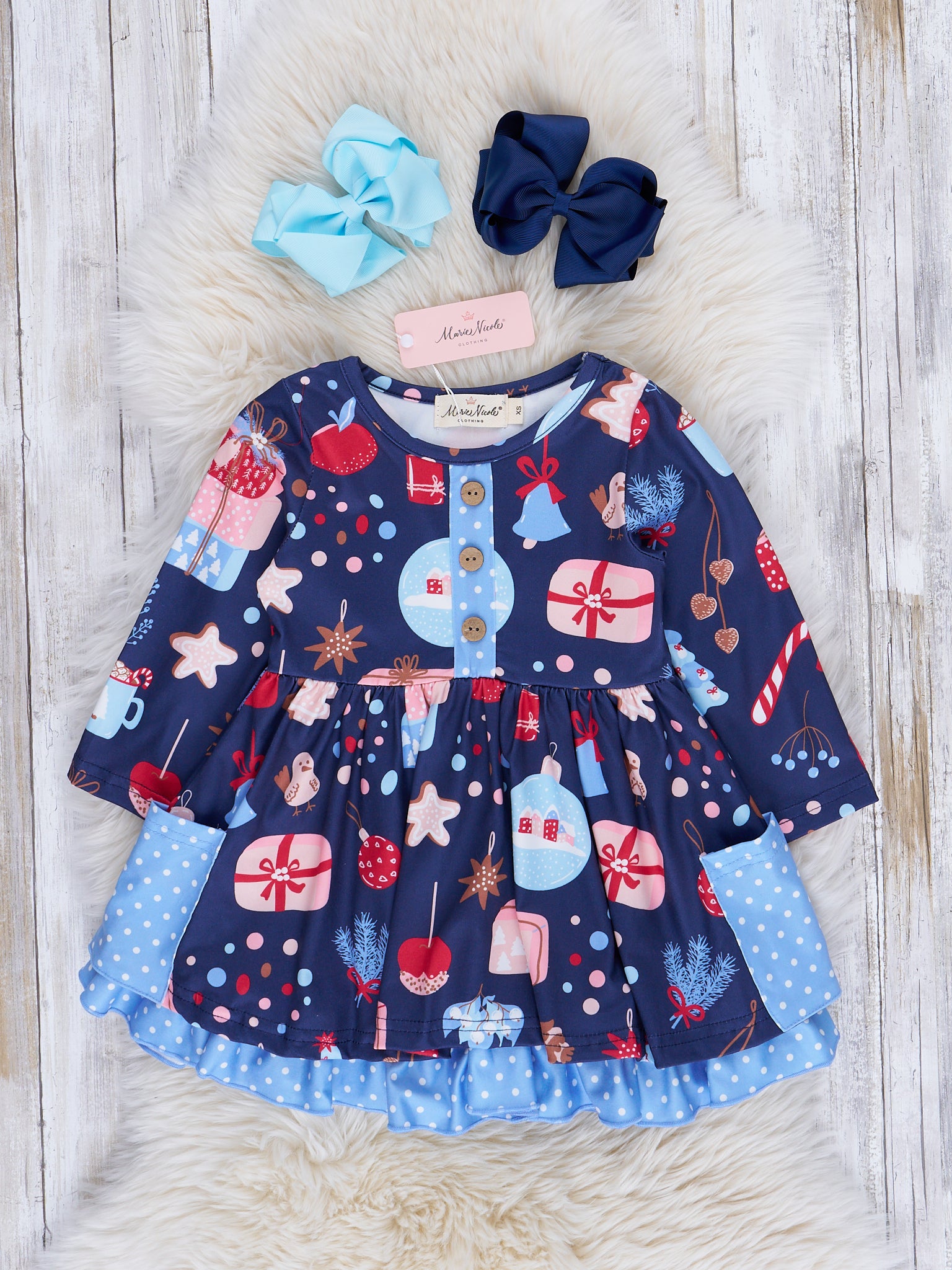 Blue Joyful Holiday Ruffle Dress - Marie Nicole Clothing