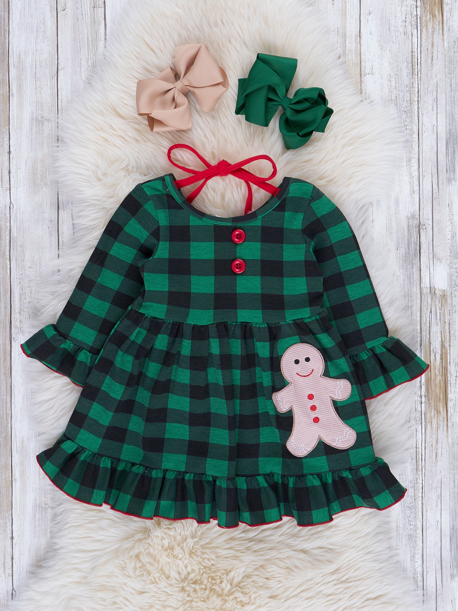 Green Buffalo Plaid Embroidered Gingerbread Ruffle Dress - Marie Nicole Clothing