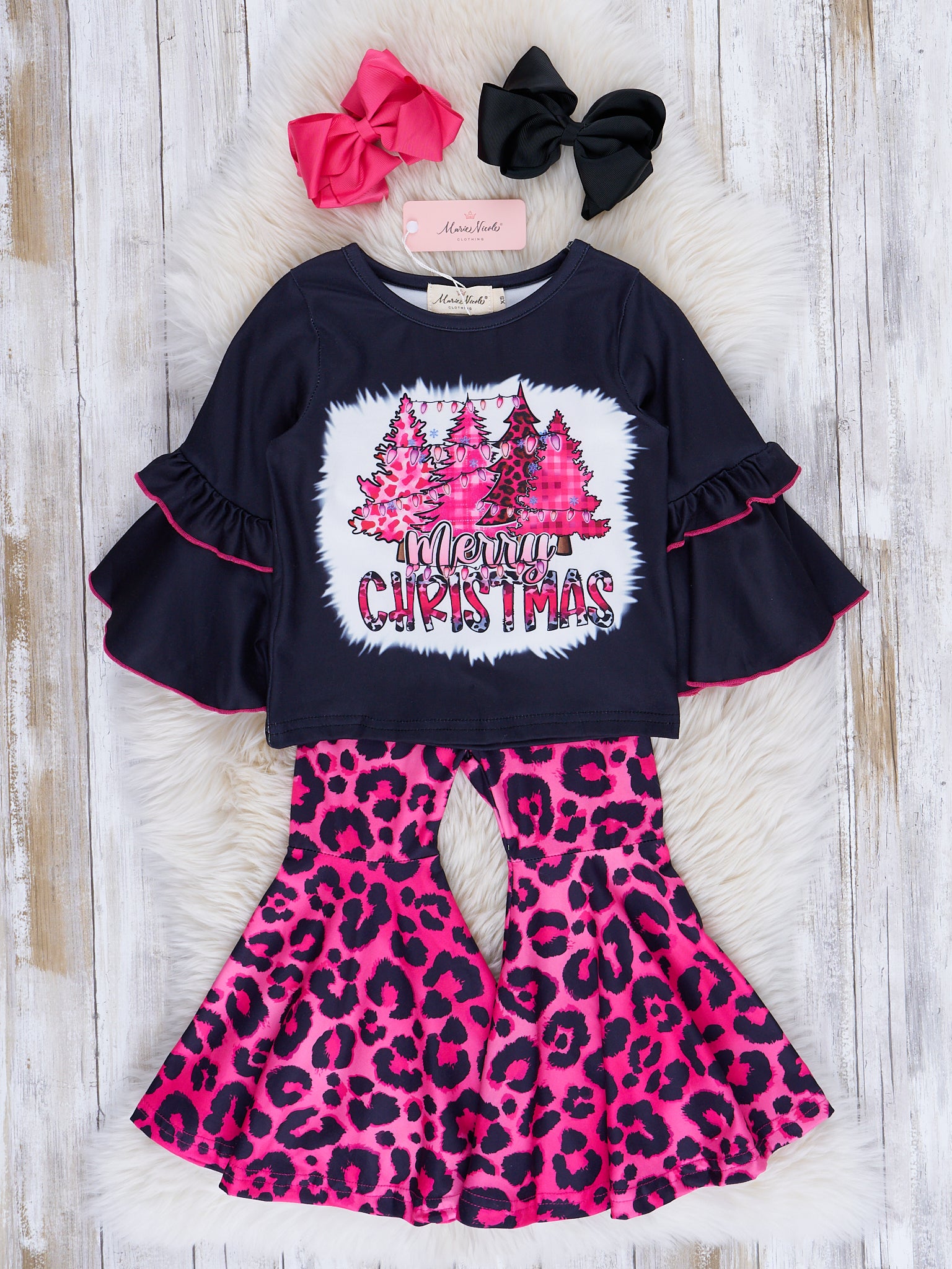 Pink Leopard "Merry Christmas" Bell Bottom Outfit - Marie Nicole Clothing