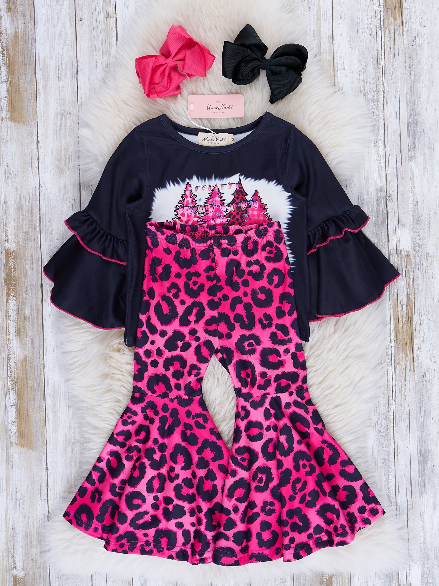 Pink Leopard "Merry Christmas" Bell Bottom Outfit - Marie Nicole Clothing
