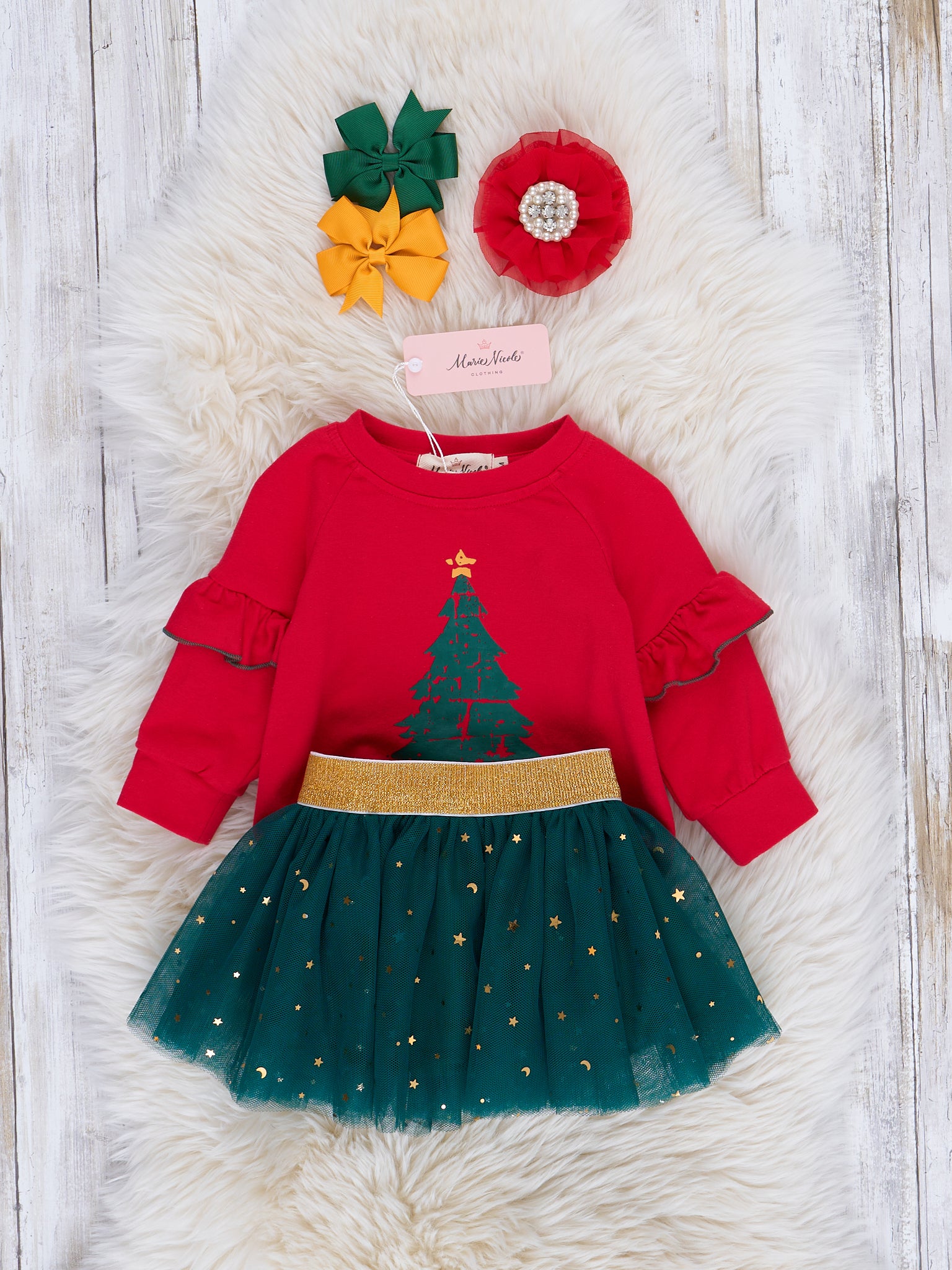 Red & Green Sparkle Tulle Romper w/ Skirt - Marie Nicole Clothing