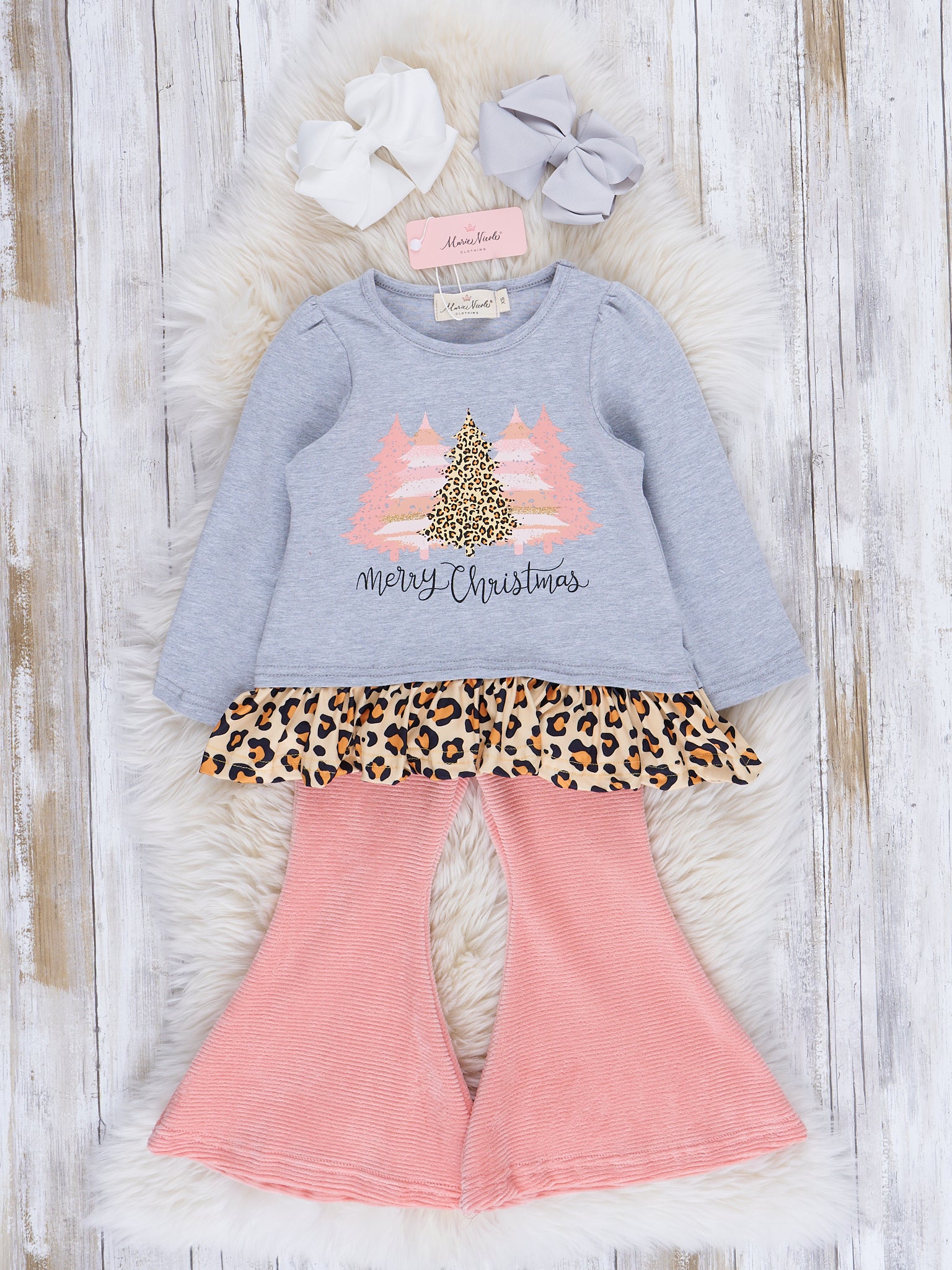 Coral & Leopard Christmas Bell Bottom Outfit - Marie Nicole Clothing