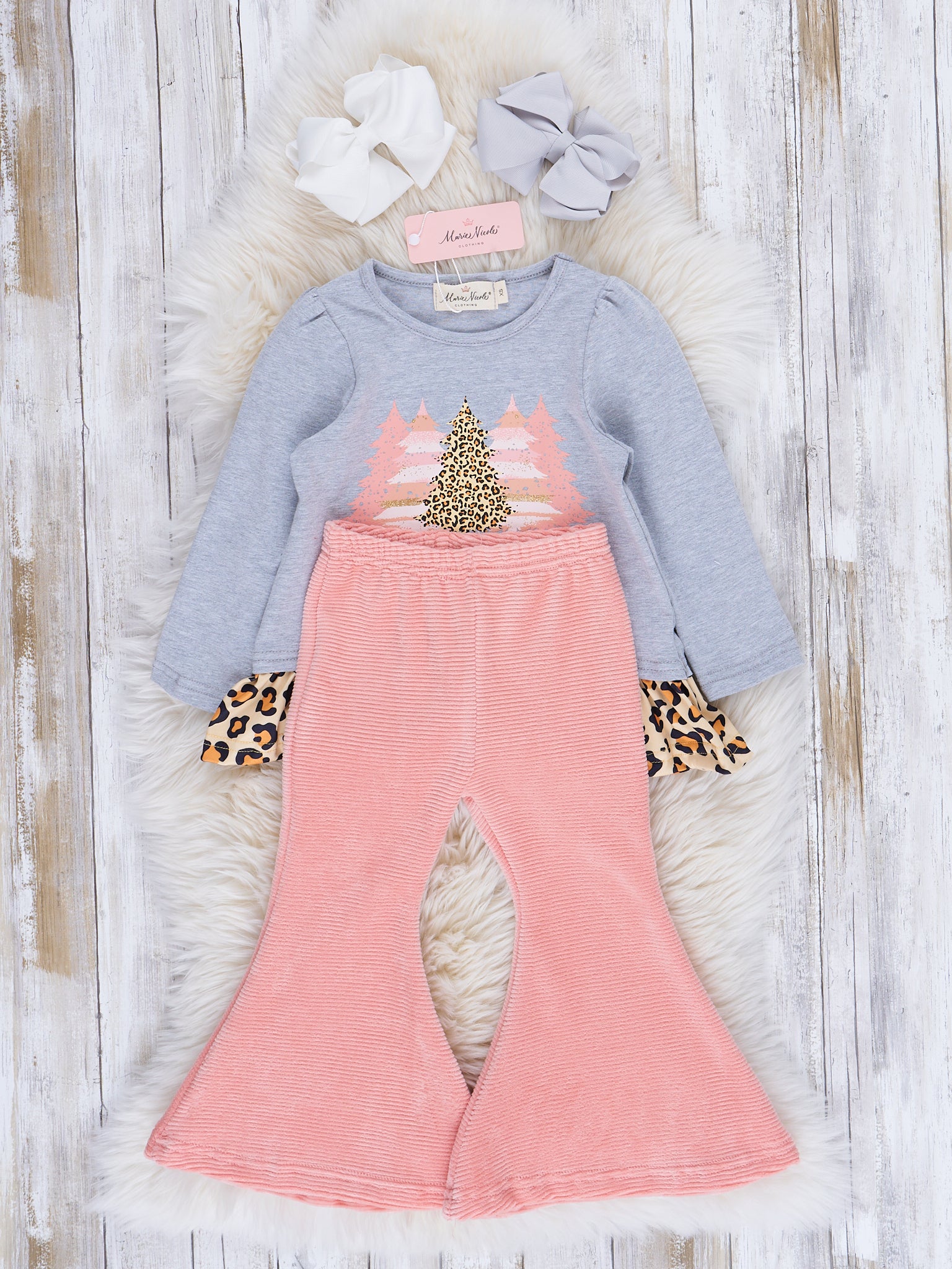 Coral & Leopard Christmas Bell Bottom Outfit - Marie Nicole Clothing