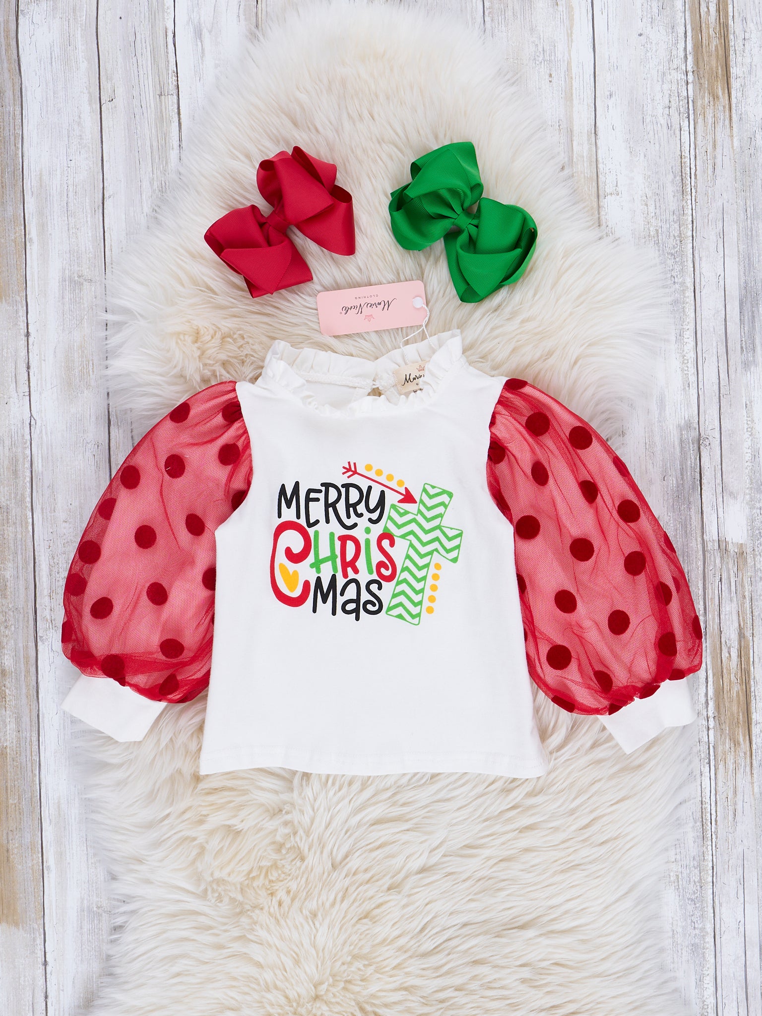 Red & White Bubble Sleeve Christmas Outfit w/ Skirt - Marie Nicole Clothing