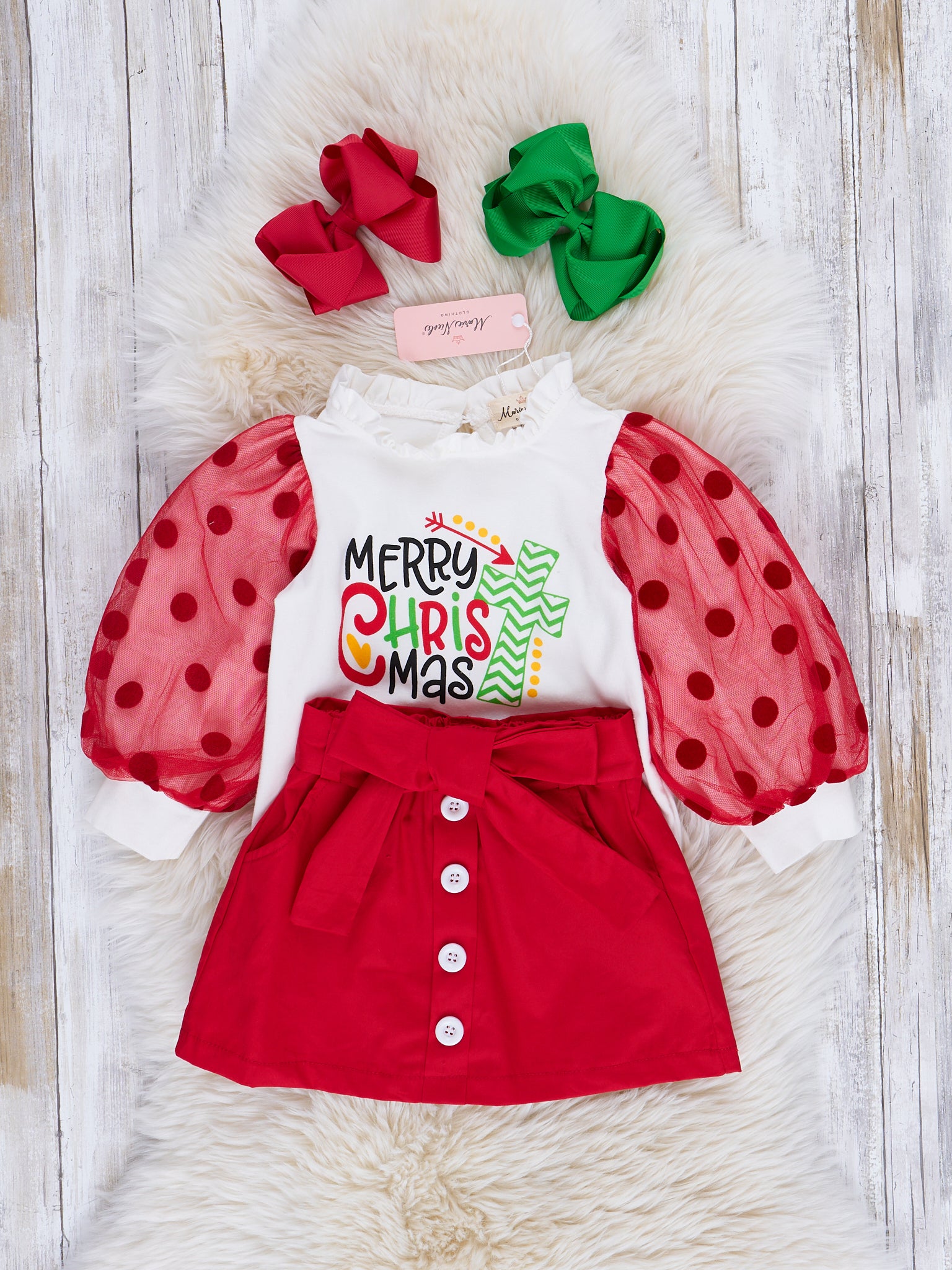 Red & White Bubble Sleeve Christmas Outfit w/ Skirt - Marie Nicole Clothing