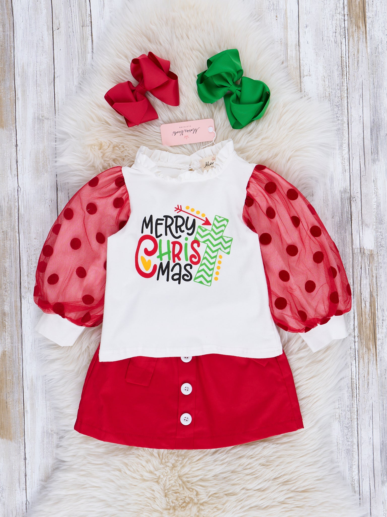 Red & White Bubble Sleeve Christmas Outfit w/ Skirt - Marie Nicole Clothing