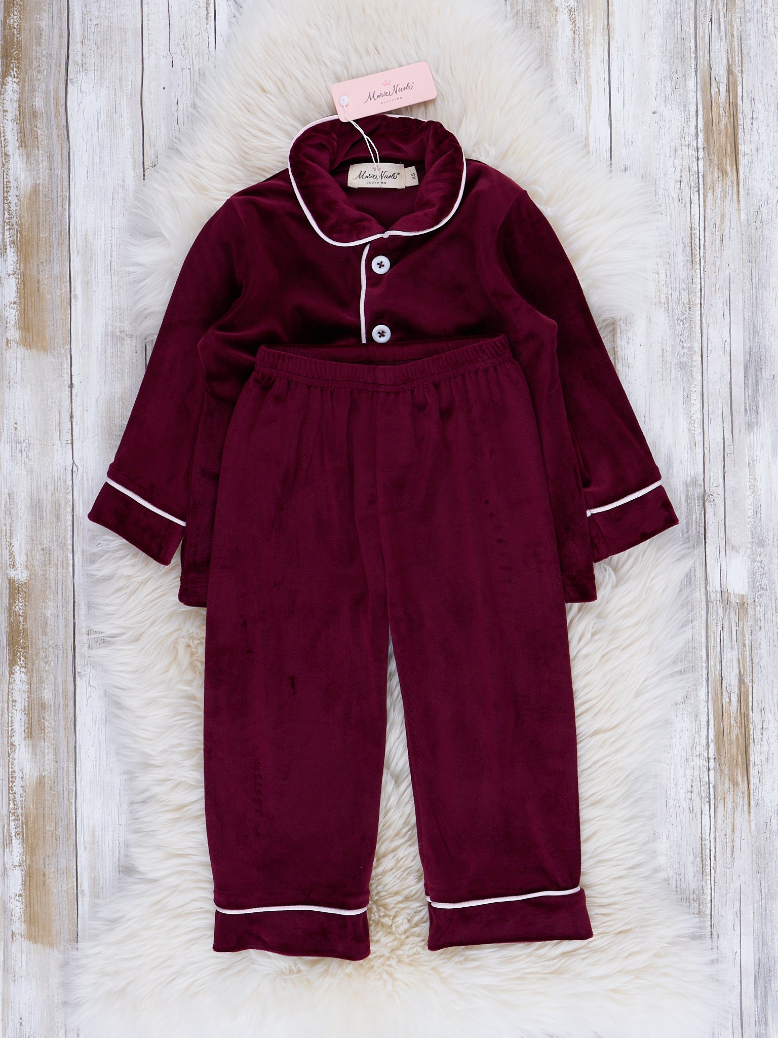 Boys' Christmas Velvet Classic Pajamas - Burgundy - Marie Nicole Clothing