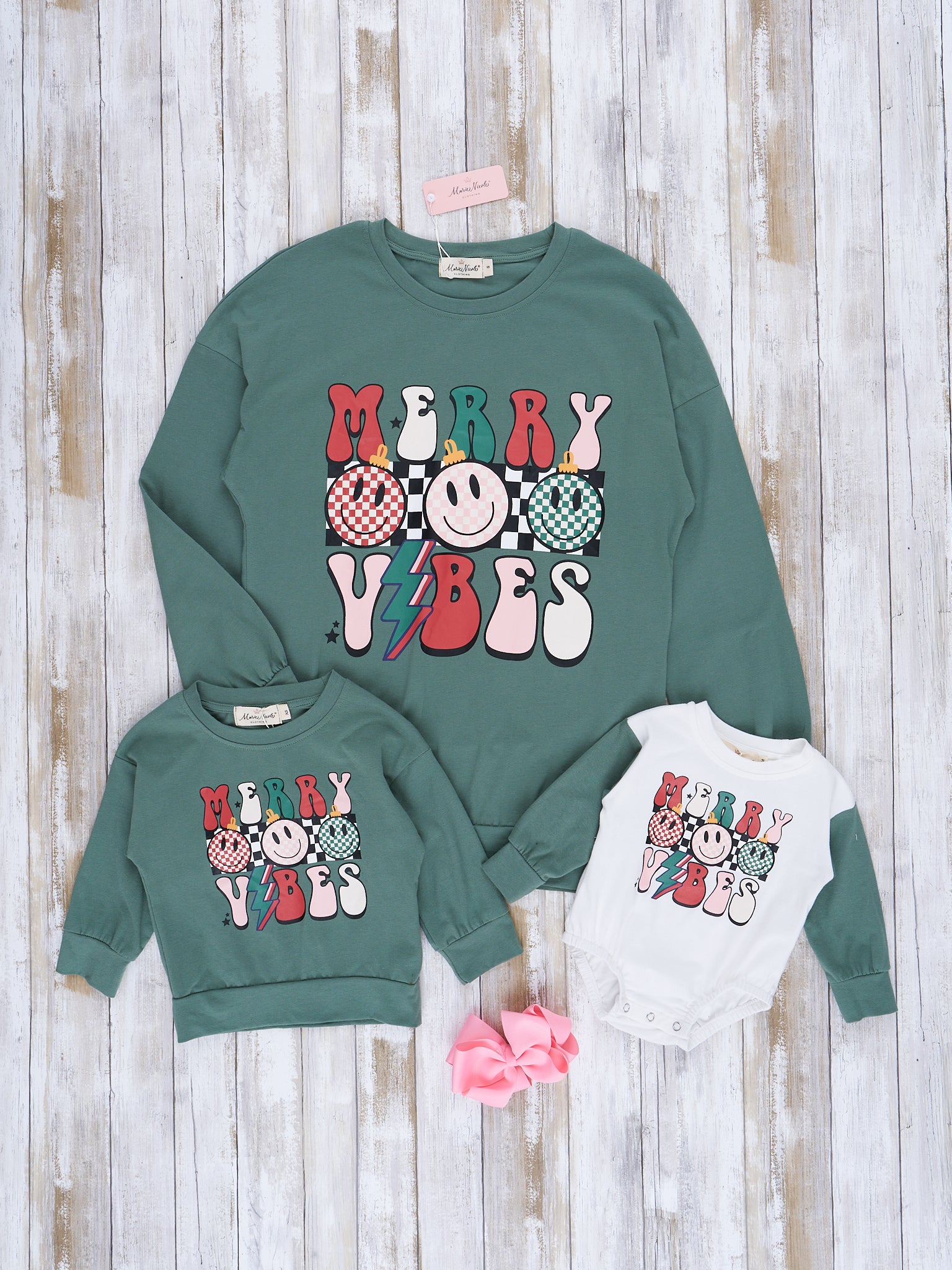 Mom & Me Heather Olive "Merry Vibes" Crew Neck Shirt - Marie Nicole Clothing