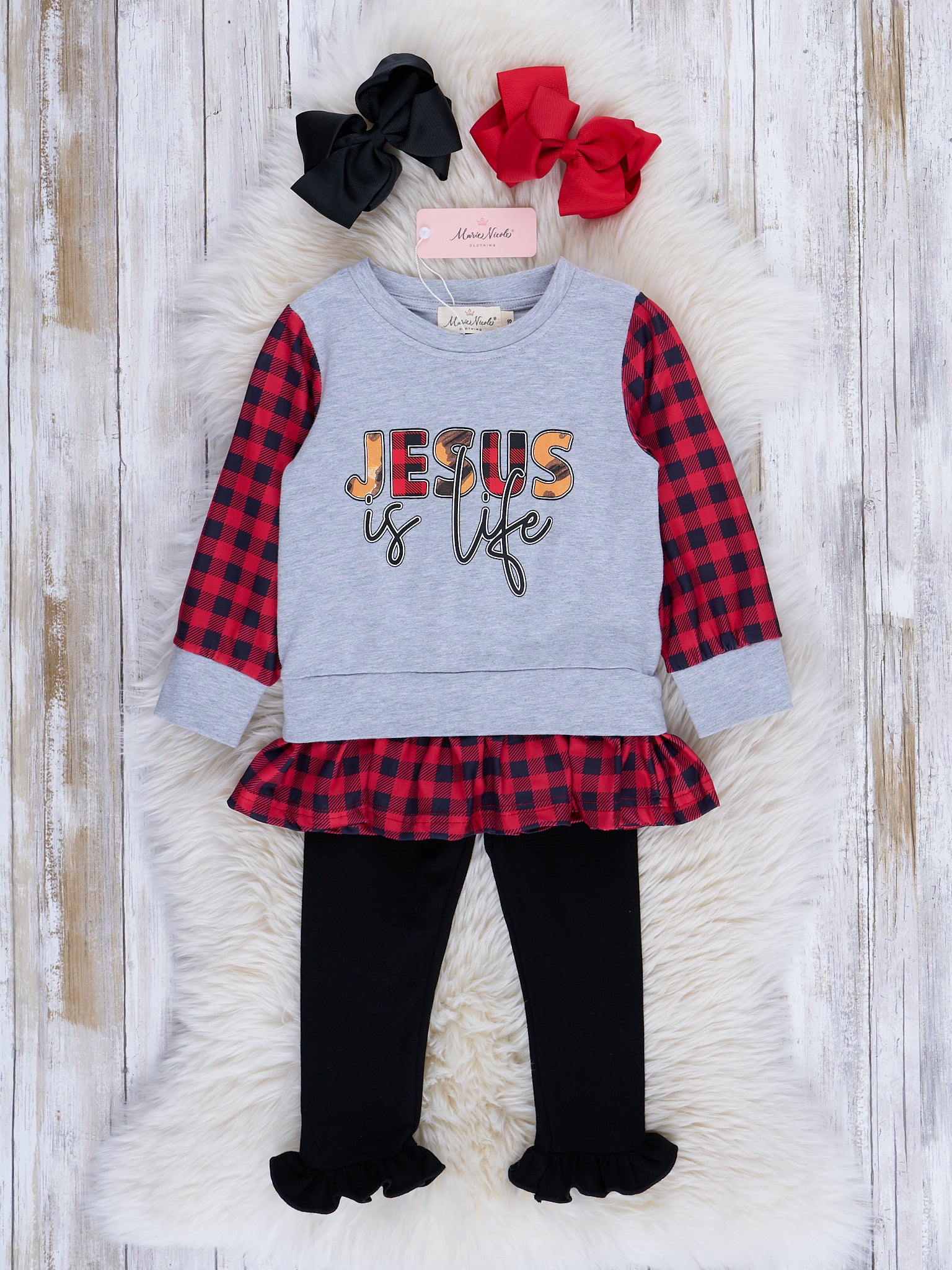 Buffalo Plaid "Jesus is Life" Ruffle Outfit - Marie Nicole Clothing