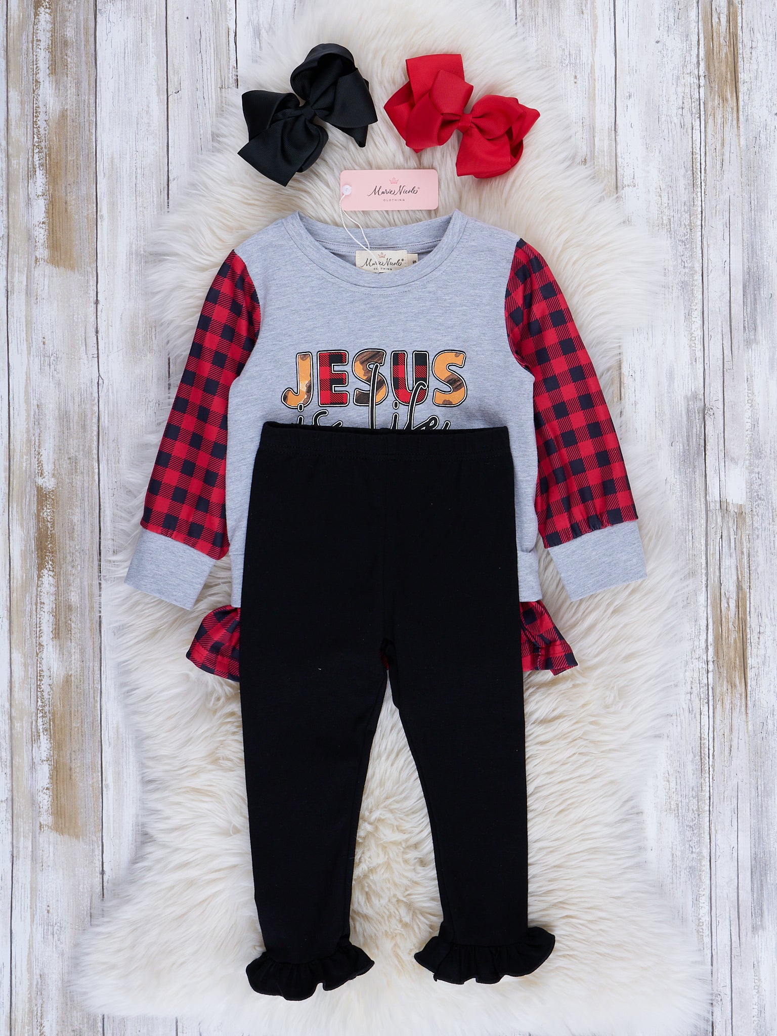 Buffalo Plaid "Jesus is Life" Ruffle Outfit - Marie Nicole Clothing
