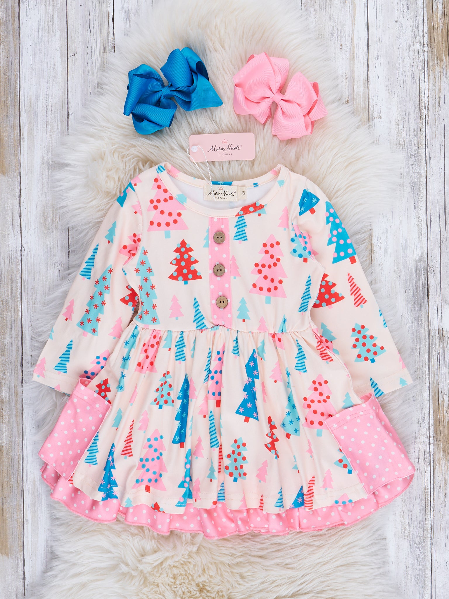 Pink Polka Dot Whimsical Trees Ruffle Dress - Marie Nicole Clothing