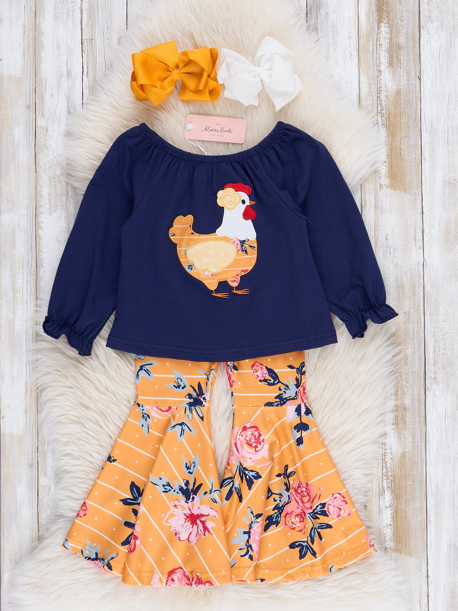 Navy & Orange Floral Chicken Bell Bottoms Outfit - Marie Nicole Clothing