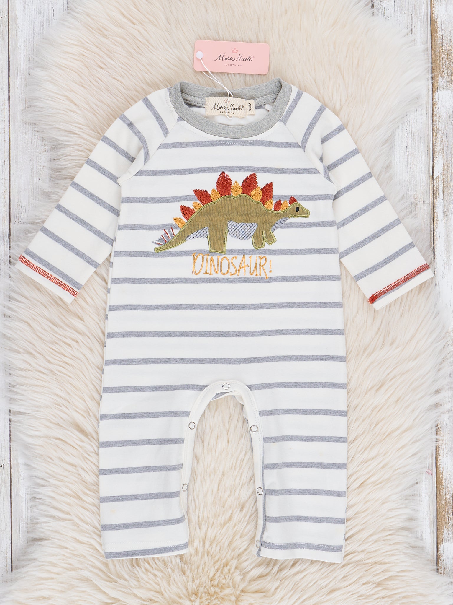 Grey Stripes Embroidered Dinosaurs Romper - Marie Nicole Clothing