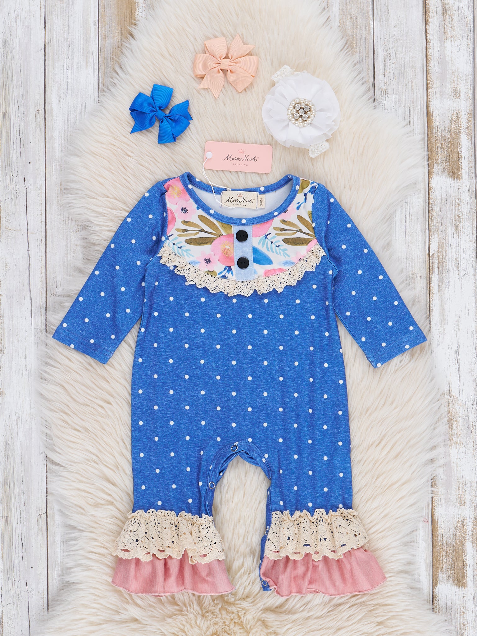 Blue Dots & Pink Florals Ruffle Romper - Marie Nicole Clothing