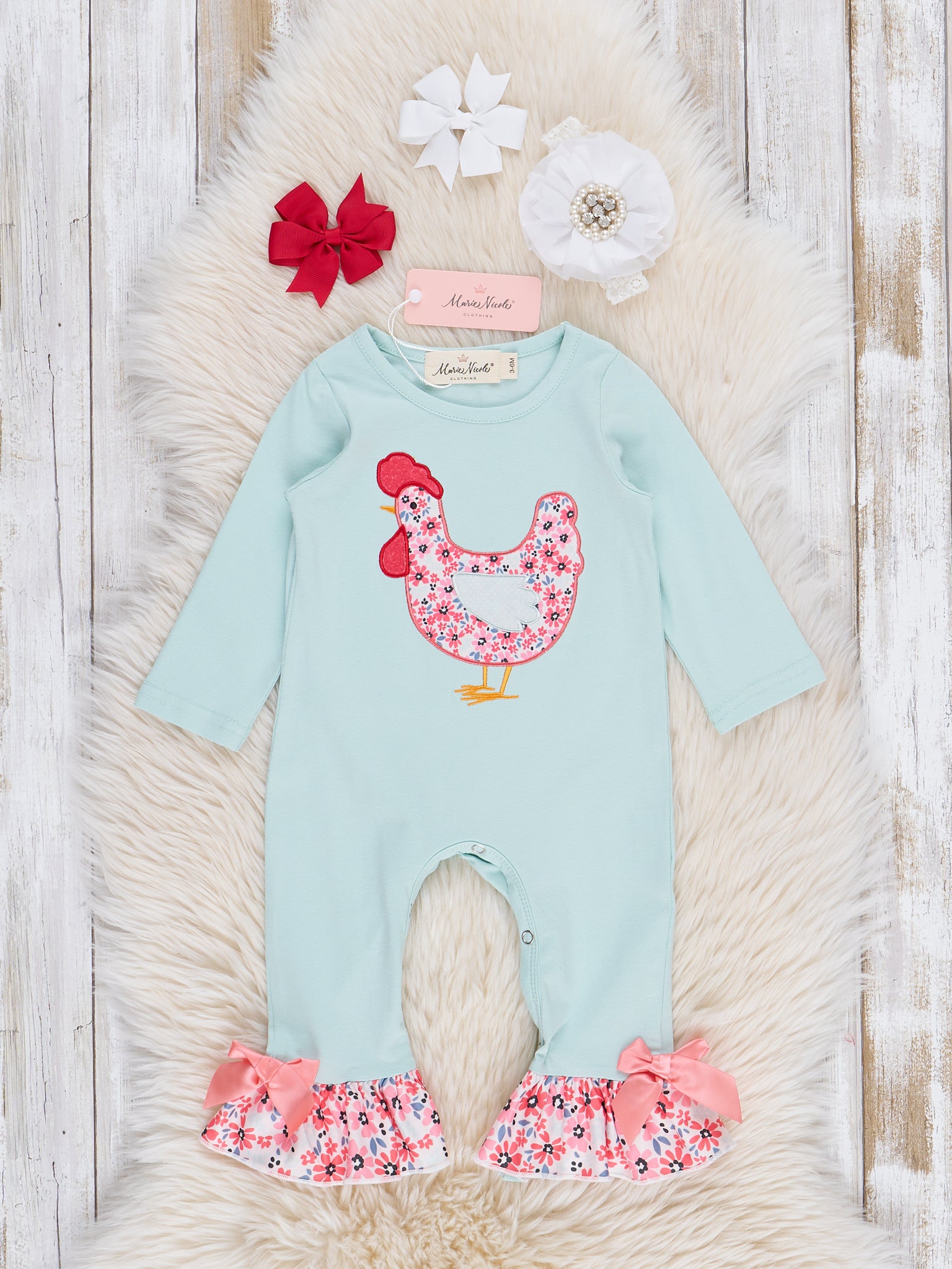 Light Blue Embroidered Chickens Ruffle Romper - Marie Nicole Clothing