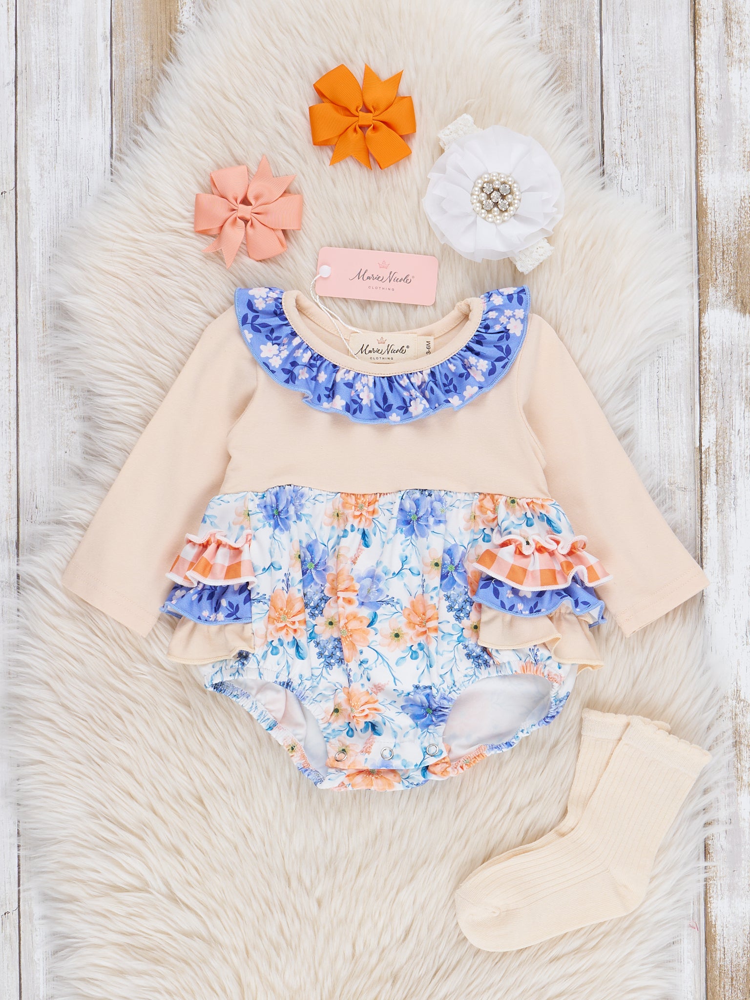 Violet & Orange Blooms Ruffle Bubble Romper - Marie Nicole Clothing