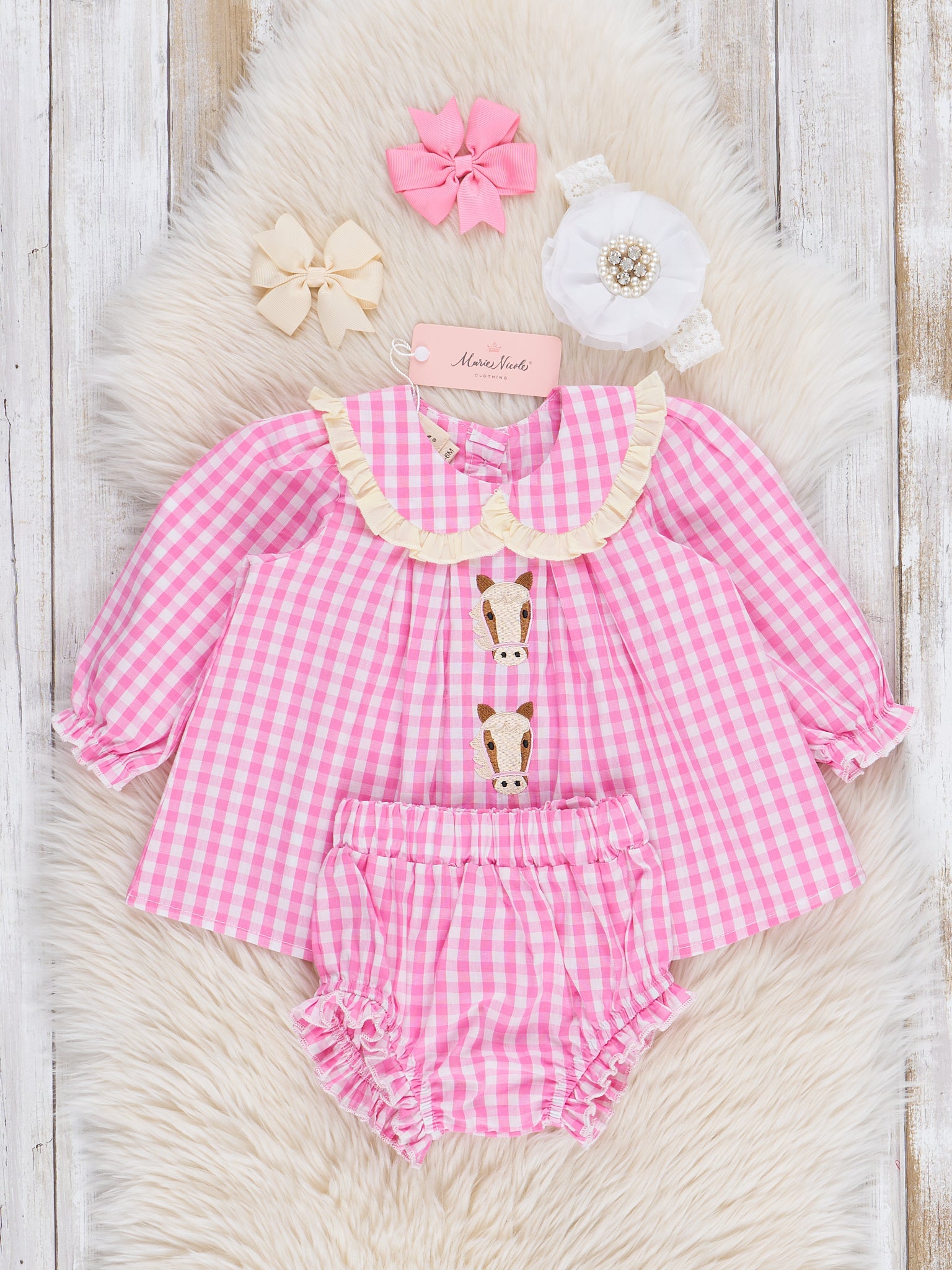 Pink Gingham Embroidered Horses Bloomers Outfit - Marie Nicole Clothing