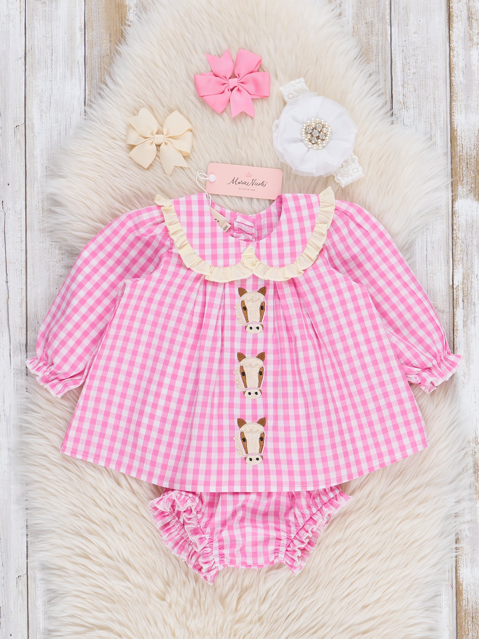 Pink Gingham Embroidered Horses Bloomers Outfit - Marie Nicole Clothing