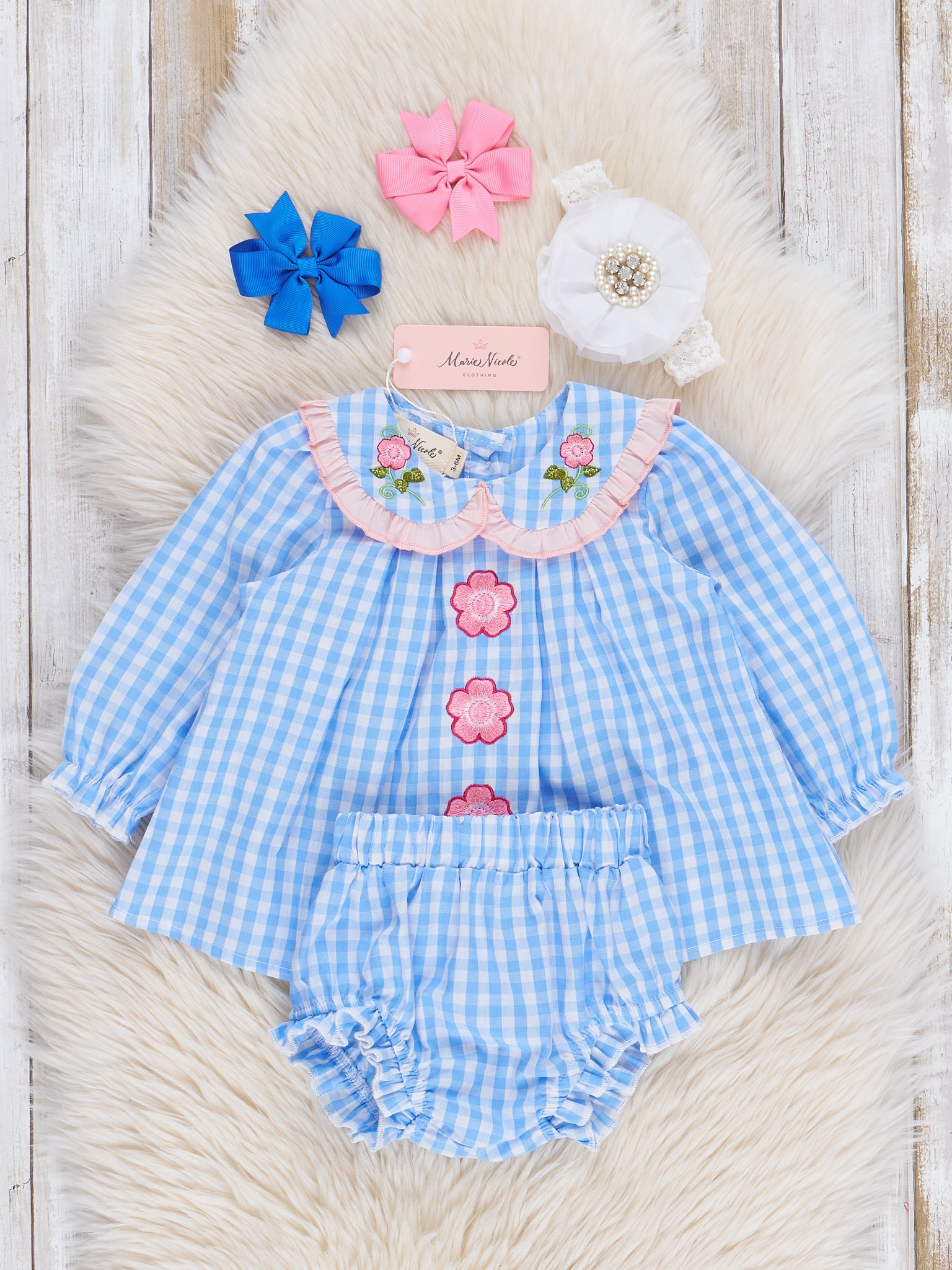 Blue Gingham Embroidered Daisies Bloomers Outfit - Marie Nicole Clothing