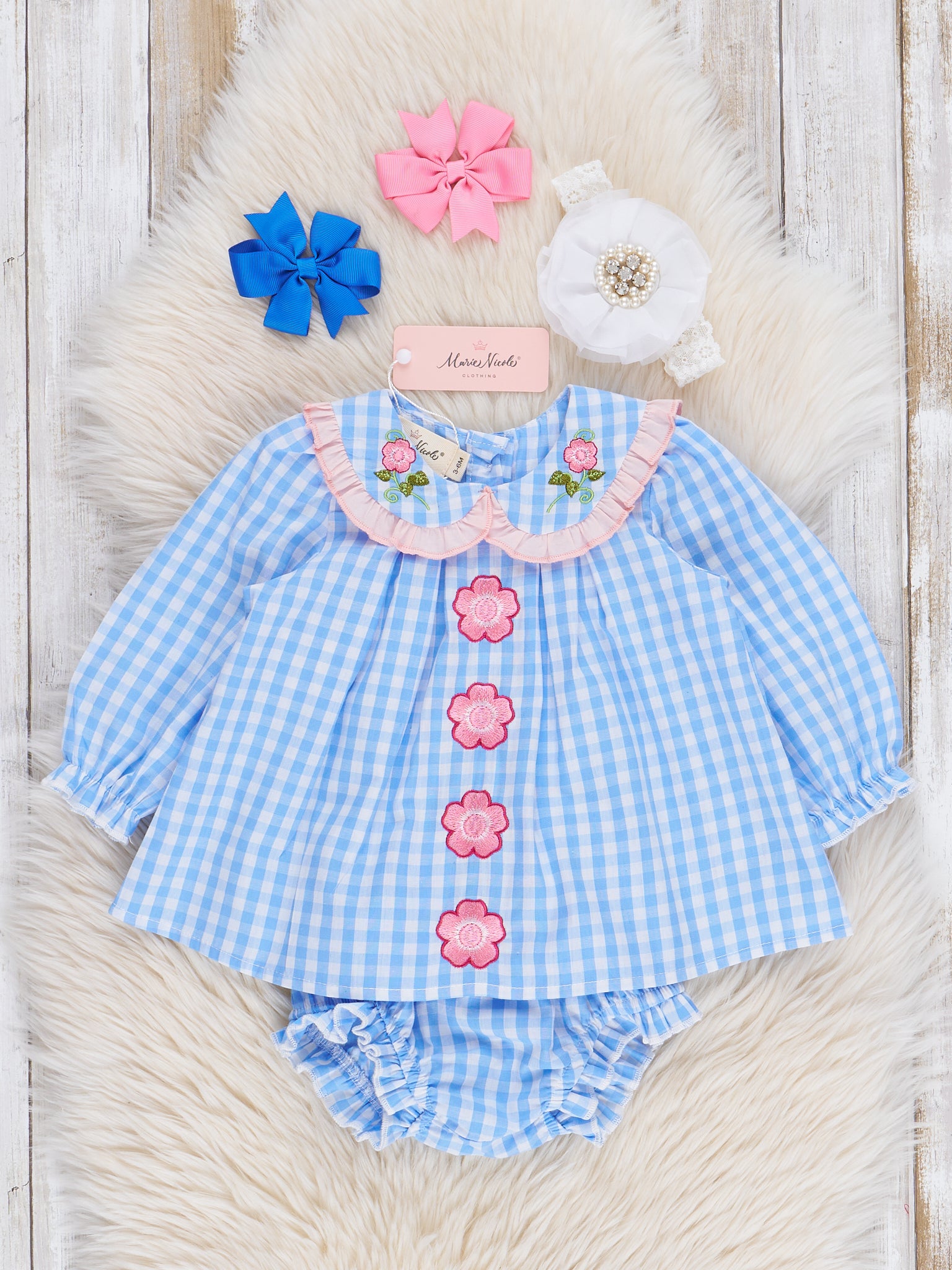 Blue Gingham Embroidered Daisies Bloomers Outfit - Marie Nicole Clothing