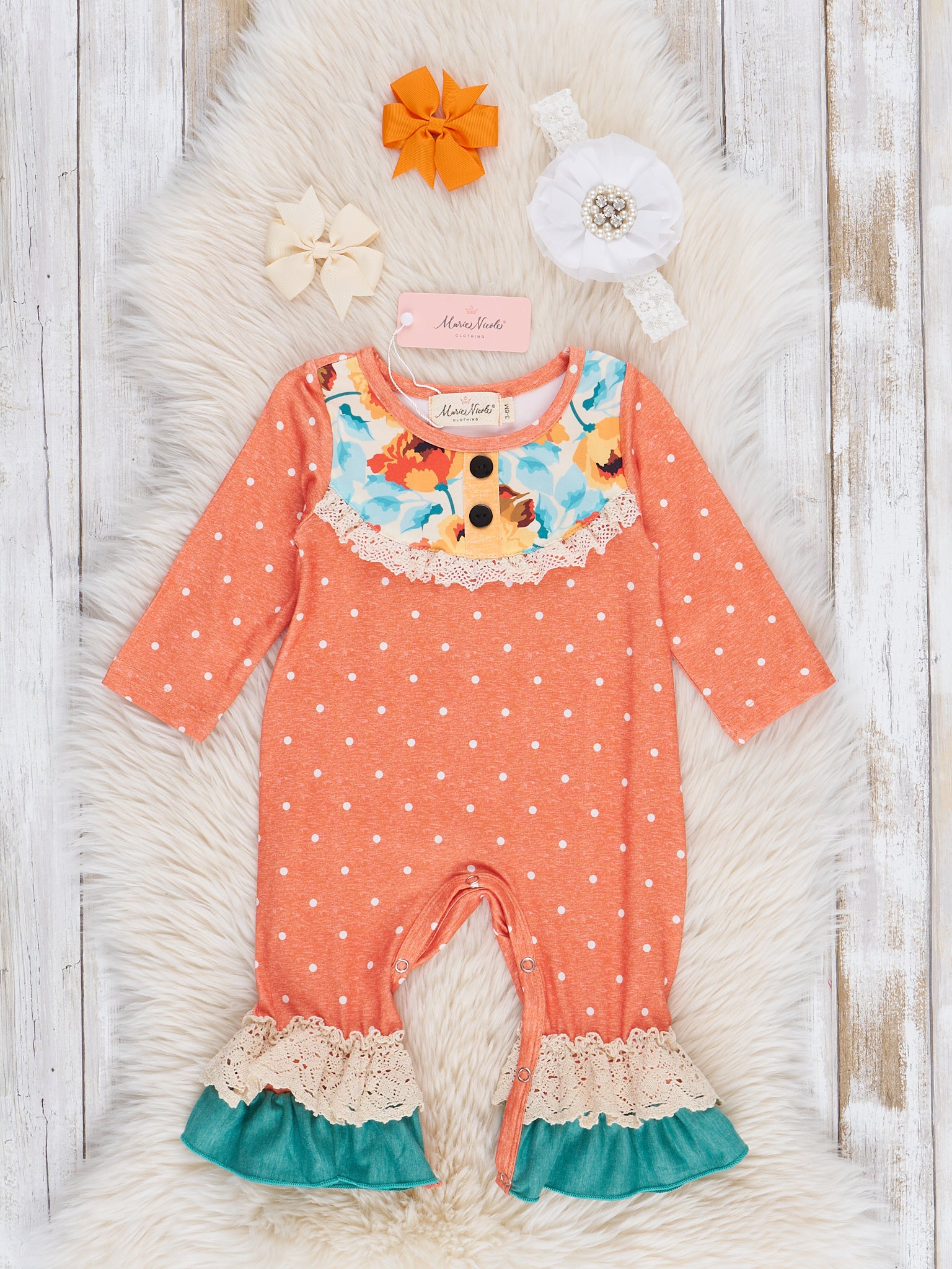 Orange & Teal Floral Ruffle Romper - Marie Nicole Clothing