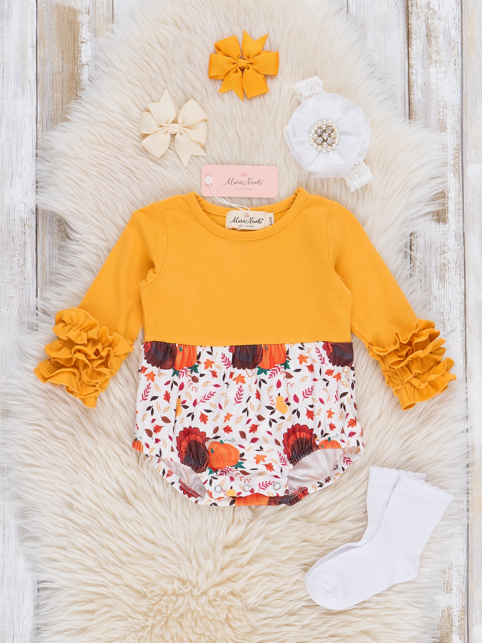 Mustard Turkey Icing Ruffle Bubble Romper - Marie Nicole Clothing